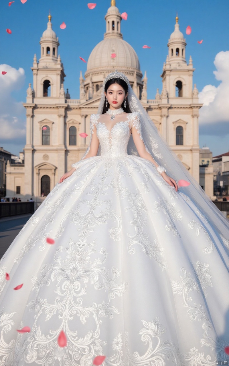hunsha,1girl,dress,solo,white dress,veil,wedding dress,black hair,bridal veil,tiara,jewelry,looking at viewer,bride,long dress,necklace,brown eyes,realistic,full body,in the background, in front of a glorious cathedral,blue sky and white clouds,a large number of rose petals flying in the air