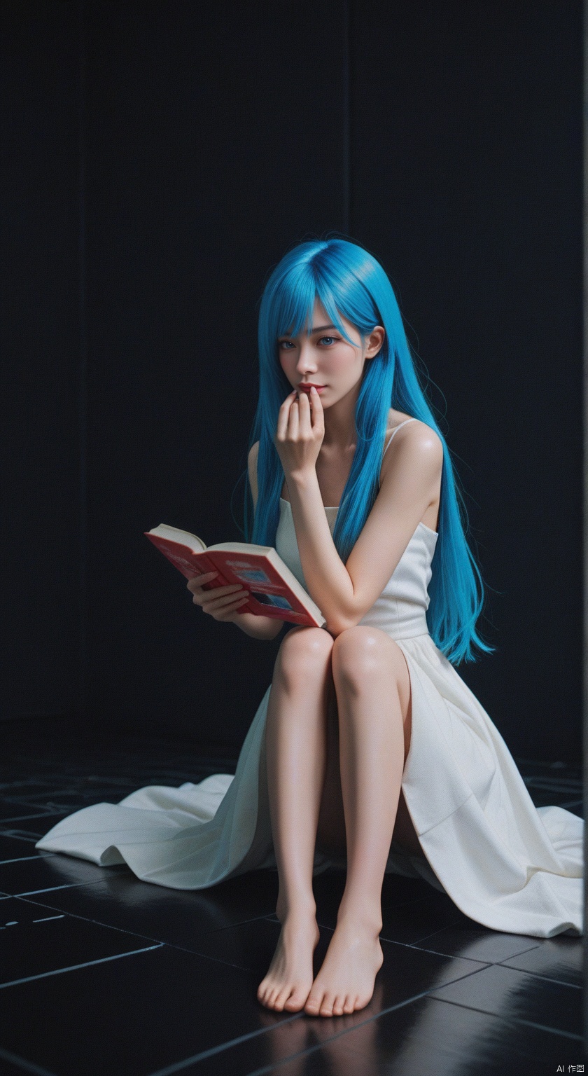 masterpiece, best quality, amazing quality, absurdres, newest, very awa,Shi1ro_vo1d_illu, glitch art,glitch, blurry edges, film grain,1girl, long hair, barefoot, dress, solo, sitting, book, hair over one eye, bubble blowing, blue eyes, blue hair, white dress, hair ornament, stuffed toy, strap slip
,SHI1RO_VO1D_ILLU, GLITCH ART, FILM GRAIN,,BLURRY,,score_9_up score_8_up score_7_up