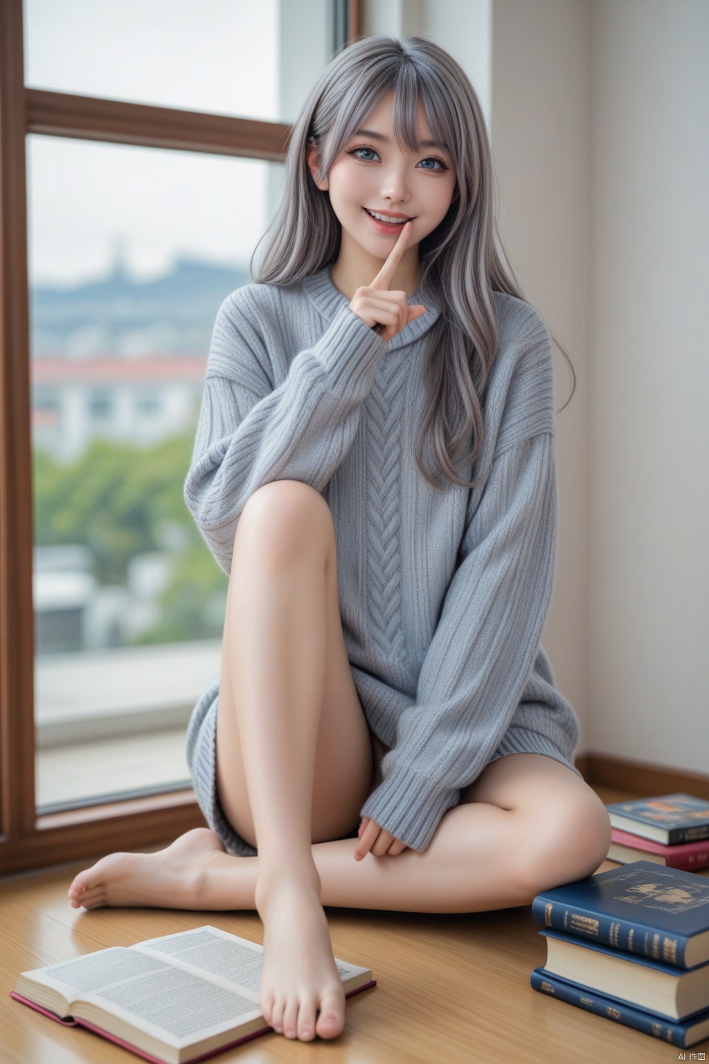 masterpiece,best quality,illustration,ultra detailed,hdr,Depth of field,(colorful),PVC Style,1girl,long hair,elaina (majo no tabitabi),solo,barefoot,ahoge,sweater,sitting,looking at viewer,smile,indoors,wariza,blue eyes,blurry,open mouth,book,grey hair,blurry background,bare legs,long sleeves,reflection,feet,hair between eyes,window,grey sweater,index finger raised,cable knit,aran sweater,:d,toes,legs,artist name,full body,very long hair,soles,score_9_up,score_8_up,score_7_up