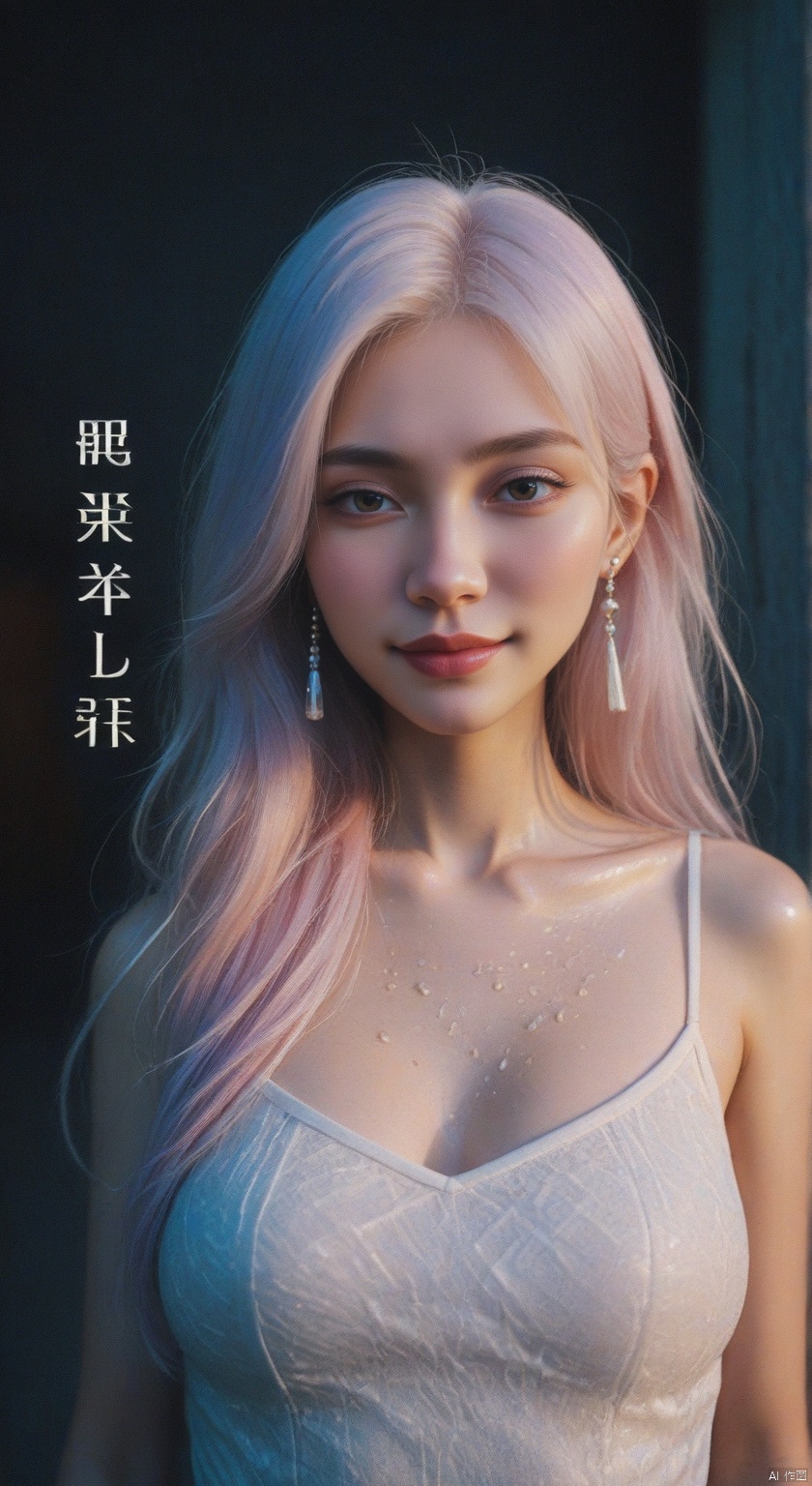 1girl, solo, long hair, looking at viewer, smile, jewelry, closed mouth, yellow eyes, upper body, white hair, red hair, multicolored hair, earrings, horns, pointy ears, hair over one eye, tassel, snake, chinese text ,backlighting,blue and white theme,depth of field,cinematic lighting,light particles,lens flare, (artist:quasarcake:0.8),extreme aesthetic,(wlop:0.6),masterpiece,best quality,good quality,newest,year 2024,year 2023,very aesthetic,absurdres,Visual impact,A shot with tension, ultra-high resolution,32K UHD,sharp focus,best-quality,masterpiece,Emotionalization,unconventional supreme masterpiece,masterful details,temperate atmosphere,with a high-end texture,in the style of fashion photography, (Visual impact:1.2),giving the poster a dynamic and visually striking appearance,impactful picture,offcial art,colorful,splash of color,movie perspective, masterpiece,best quality,amazing quality,very aesthetic,absurdres,best quality,newest,Wet body wet,SHI1RO_VO1D_ILLU, GLITCH ART, FILM GRAIN,,BLURRY,