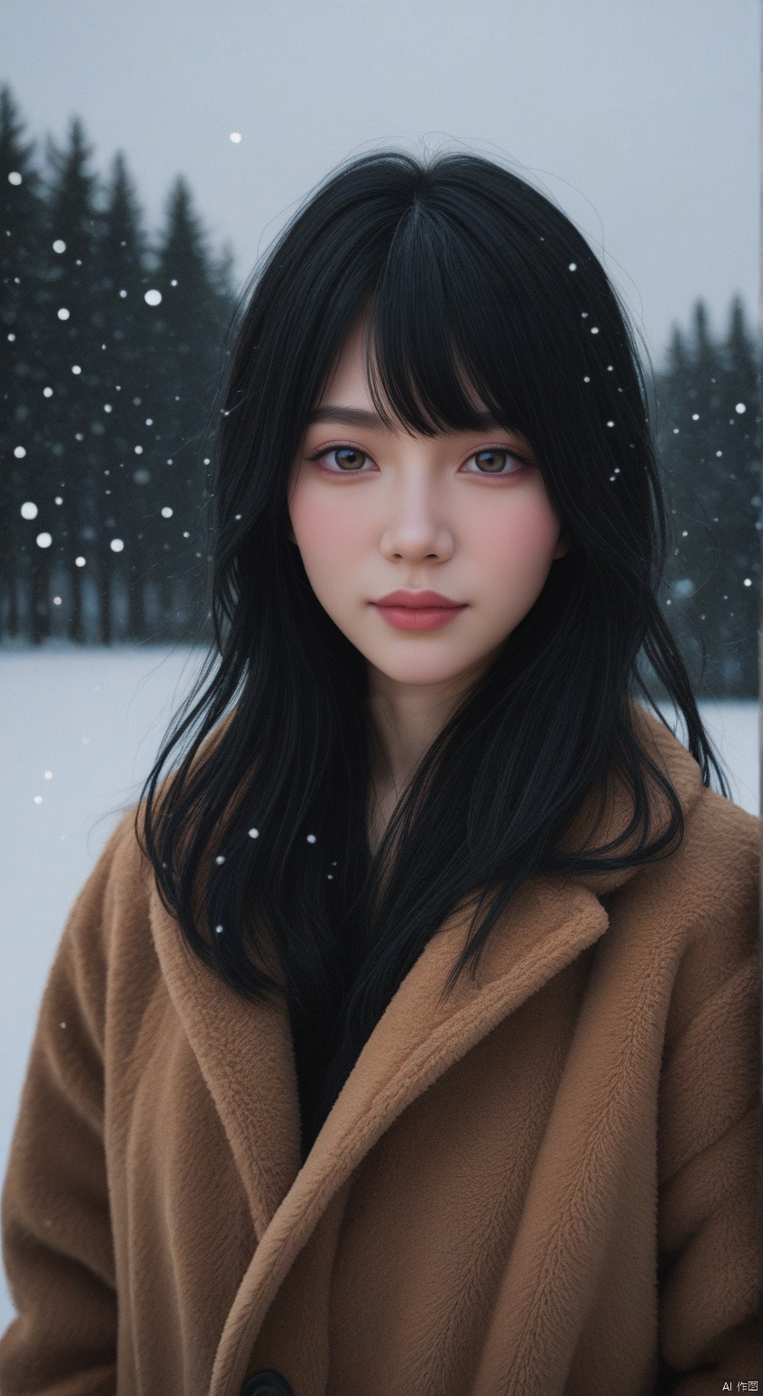 masterpiece, best quality, amazing quality, absurdres, newest, very awa,Shi1ro_vo1d_illu,1girl, solo, black hair, parted lips, long hair, bangs, floating hair, portrait, black eyes, snow, detailed winter-themed background, snowflakes, icy mist, serene expression, glowing eyes, intricate hair strands, cold breath, fur-trimmed winter coat, wind-swept hair, soft blush, ambient lighting, snow-covered ground, delicate snowfall, ethereal glow, dark jacket, high contrast, soft focus, scenic atmosphere, pale skin, frosted trees, snow sparkles, cinematic composition
,  ,glitch_art,blurry,SHI1RO_VO1D_ILLU, GLITCH ART, FILM GRAIN,,BLURRY,