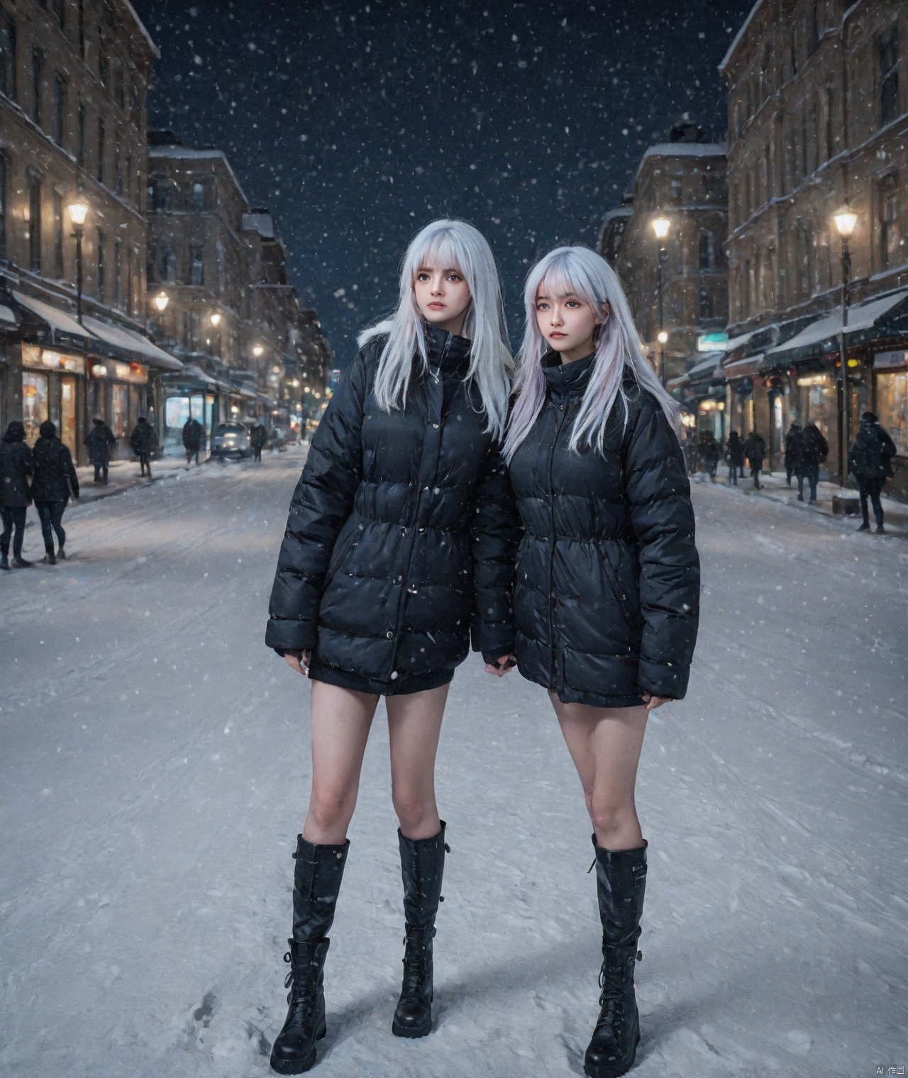 A fashionable and beautiful woman standing on a winter night street, bathed in the soft glow of streetlights. She is wearing a long down jacket and tall boots, with her hair gently fluttering in the cold wind. The scene includes snow-covered streets and distant, blurry city lights. High-quality, detailed, photorealistic image featuring winter night, fashion, beauty, streetlights, urban夜景, snowy streets.,Aki fuuma,white hair, multi color hair,yellow eyes, huge_breasts, big ass,long_hair, hair_ornament,SHI1RO_VO1D_ILLU, GLITCH ART, FILM GRAIN,,BLURRY,