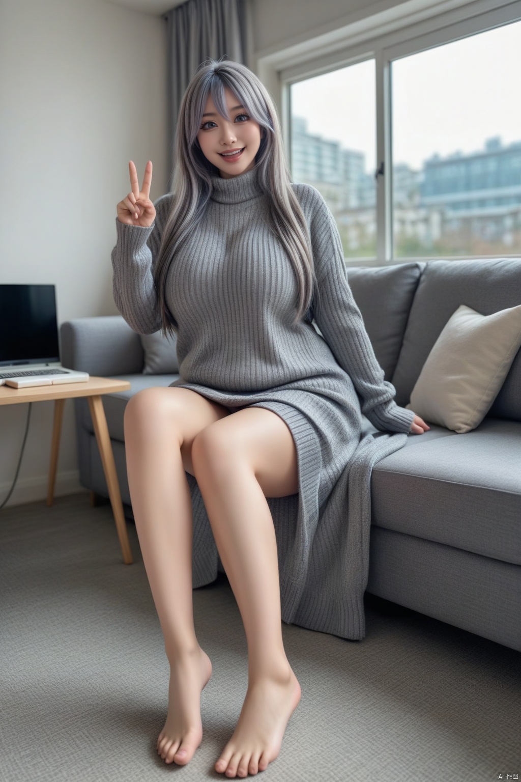masterpiece,best quality,illustration,ultra detailed,hdr,Depth of field,(colorful),PVC Style,1girl,long hair,elaina (majo no tabitabi),solo,barefoot,ahoge,sweater,sitting,looking at viewer,smile,indoors,wariza,blue eyes,blurry,open mouth,book,grey hair,blurry background,bare legs,long sleeves,reflection,feet,hair between eyes,window,grey sweater,index finger raised,cable knit,aran sweater,:d,toes,legs,artist name,full body,very long hair,soles,score_9_up,score_8_up,score_7_up,PLUMP CHUBBY CURVY,Hyper breasts.