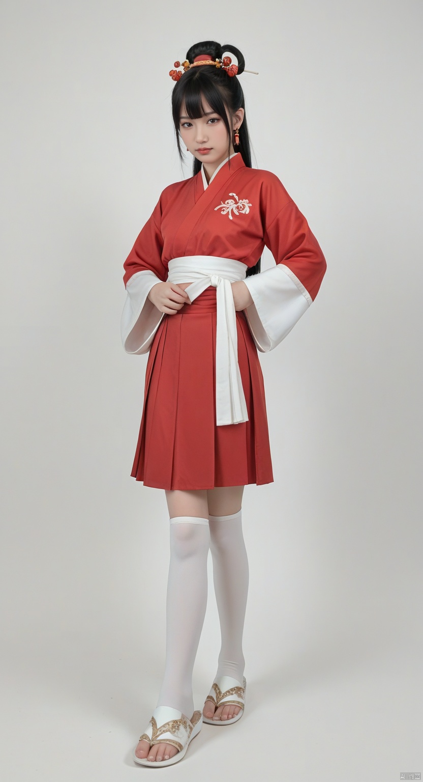 1girl,solo,long hair,black hair,hair ornament,hair rings,hair bun,ponytail,double bun,bangs,thighhighs,jewelry,full body,earrings,boots,white thighhighs,white footwear,skirt,black skirt,hakama,hakama skirt,chinese clothes,dress,red dress,red long sleeves,red wide sleeves,canghaisz,score_9_up score_8_up score_7_up,CL3ARSL1DES SANDALS,