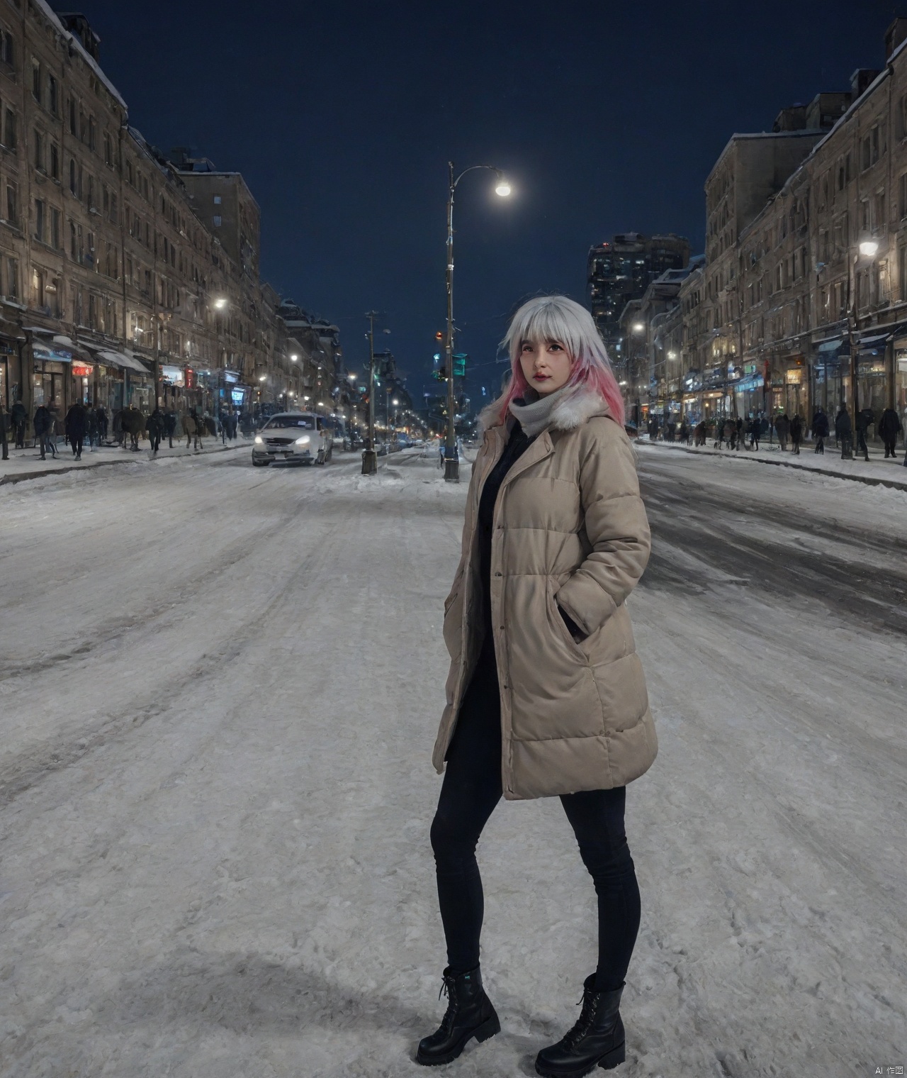 A fashionable and beautiful woman standing on a winter night street, bathed in the soft glow of streetlights. She is wearing a long down jacket and tall boots, with her hair gently fluttering in the cold wind. The scene includes snow-covered streets and distant, blurry city lights. High-quality, detailed, photorealistic image featuring winter night, fashion, beauty, streetlights, urban夜景, snowy streets.,Aki fuuma,white hair, multi color hair,yellow eyes, huge_breasts, big ass,long_hair, hair_ornament,SHI1RO_VO1D_ILLU, GLITCH ART, FILM GRAIN,,BLURRY,,Hyper breasts.