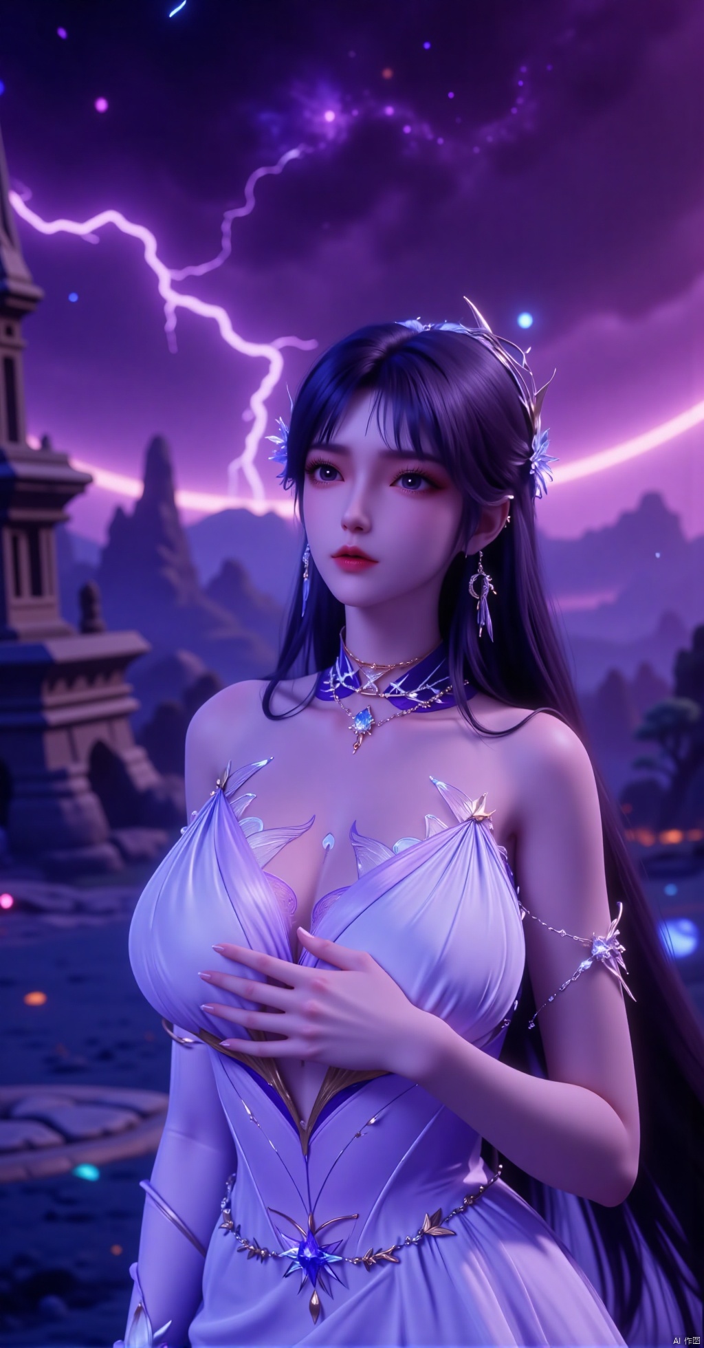In a surreal photo, a stunning female elf stands out against a vibrant backdrop of a fantasy castle and a swirling nebula.   She wears a breathtaking white wedding dress with intricate details, her long black hair cascading down her back like a river of moonlight.   The lighting is dramatic, with electric arcs dancing across the sky, casting an otherworldly glow on the scene.   In the foreground, the elf's pose is elegant and poised, her shiny pantyhose catching the light as she gazes out into the galaxy.   The composition is striking, with a beautiful western-style castle rising up in the background, its stone walls glowing softly under the neon hues of the nebula.   The overall effect is one of high-contrast fantasy, where the boundaries between reality and dreams blur seamlessly.  She holds a The Hope Diamond between her breasts, her hands on her chest, the cleavage cradling The Hope Diamond with a sense of regal elegance.   The camera captures her from a high angle, focusing on her upper body and TheHope Diamond in her cleavage.  There is a tattoo under the collarbone,which reads: Fanfu Suzi.,dlls