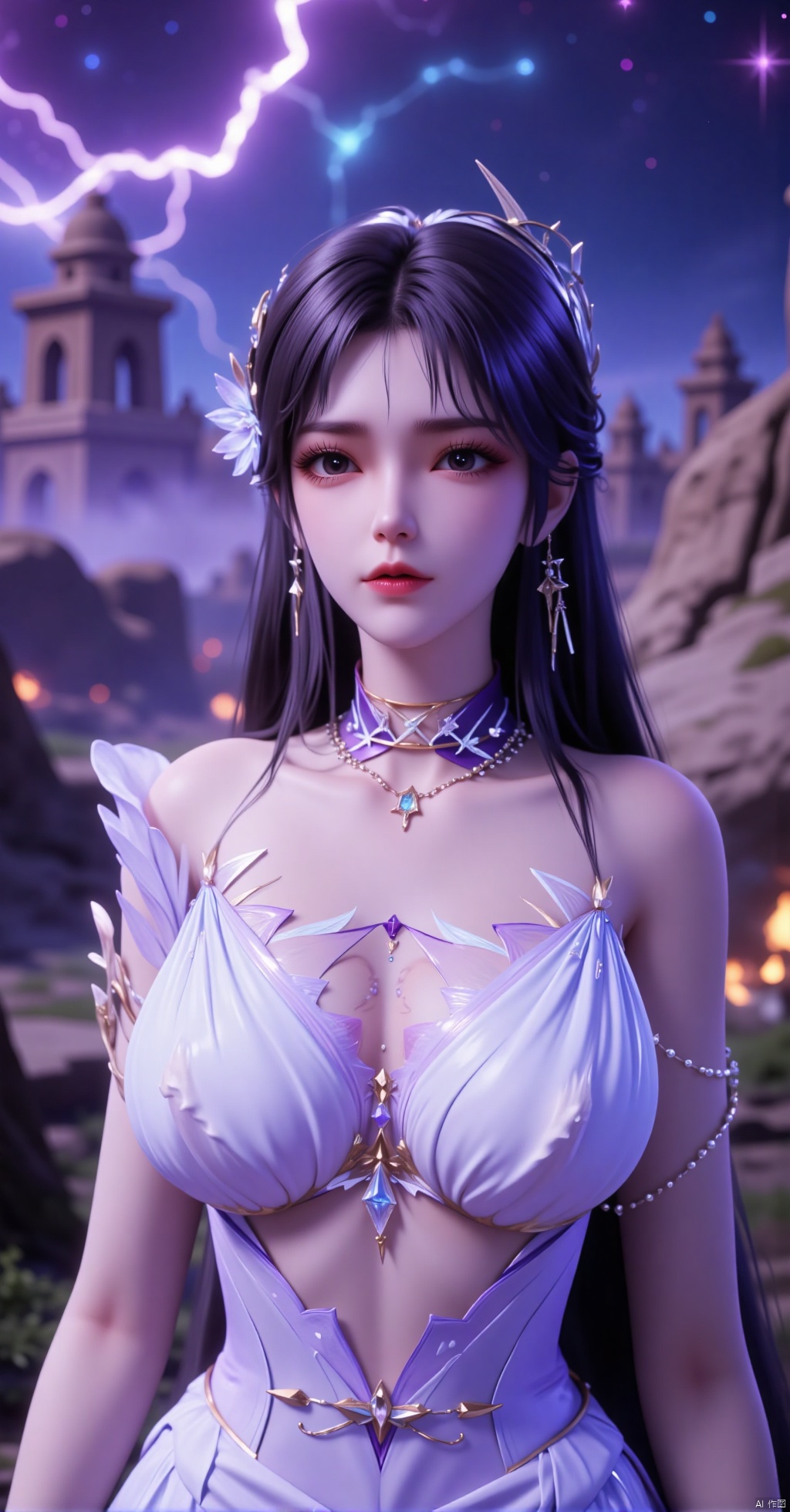 In a surreal photo, a stunning female elf stands out against a vibrant backdrop of a fantasy castle and a swirling nebula.   She wears a breathtaking white wedding dress with intricate details, her long black hair cascading down her back like a river of moonlight.   The lighting is dramatic, with electric arcs dancing across the sky, casting an otherworldly glow on the scene.   In the foreground, the elf's pose is elegant and poised, her shiny pantyhose catching the light as she gazes out into the galaxy.   The composition is striking, with a beautiful western-style castle rising up in the background, its stone walls glowing softly under the neon hues of the nebula.   The overall effect is one of high-contrast fantasy, where the boundaries between reality and dreams blur seamlessly.  She holds a The Hope Diamond between her breasts, her hands on her chest, the cleavage cradling The Hope Diamond with a sense of regal elegance.   The camera captures her from a high angle, focusing on her upper body and TheHope Diamond in her cleavage.  There is a tattoo under the collarbone,which reads: Fanfu Suzi.,dlls