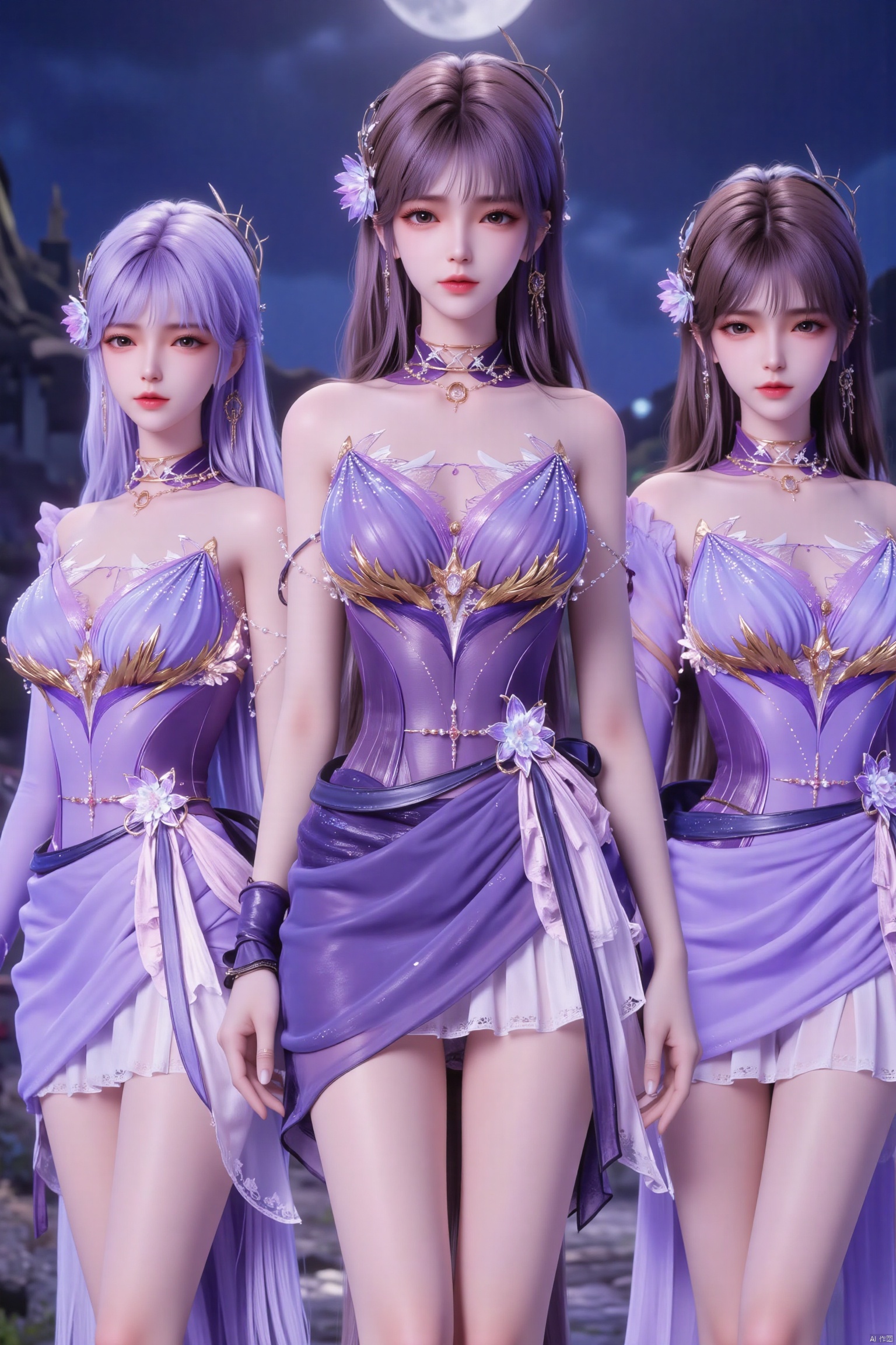 This is a highly detailed digital illustration featuring five young women, all with long, flowing hair and ethereal, glowing skin, set against a nighttime sky with a full moon and stars. Each woman has a unique hairstyle adorned with flowers, and they wear intricate, semi-transparent, and revealing outfits in pastel colors like lavender, light pink, and white.

The woman in the center, with long brown hair, is dressed in a sheer, black lace top that accentuates her ample breasts and a matching, sheer skirt. Her eyes are large and expressive, and she has a delicate, elegant demeanor.

To her left, a woman with long, wavy brown hair wears a light pink, sleeveless dress with a high neckline, revealing her cleavage. Her eyes are soft and her expression is serene.

On the right, a woman with long, straight purple hair wears a lavender, off-the-shoulder dress that drapes elegantly over her curves. She has a regal air about her, with a confident, slightly mischievous expression.

The woman at the bottom left has long, straight brown hair and wears a sheer, white dress with lace detailing, highlighting her slender figure. Her eyes are large and expressive.

The background features a serene, starry night sky with