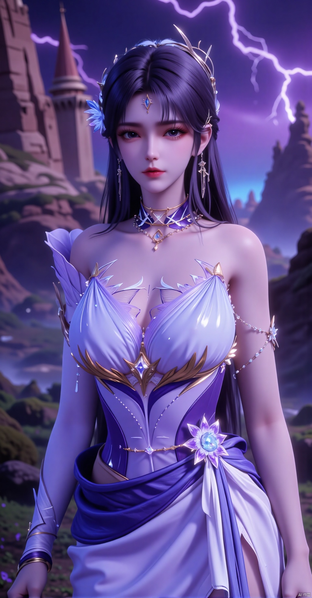 In a surreal photo, a stunning female elf stands out against a vibrant backdrop of a fantasy castle and a swirling nebula.   She wears a breathtaking white wedding dress with intricate details, her long black hair cascading down her back like a river of moonlight.   The lighting is dramatic, with electric arcs dancing across the sky, casting an otherworldly glow on the scene.   In the foreground, the elf's pose is elegant and poised, her shiny pantyhose catching the light as she gazes out into the galaxy.   The composition is striking, with a beautiful western-style castle rising up in the background, its stone walls glowing softly under the neon hues of the nebula.   The overall effect is one of high-contrast fantasy, where the boundaries between reality and dreams blur seamlessly.  She holds a The Hope Diamond between her breasts, her hands on her chest, the cleavage cradling The Hope Diamond with a sense of regal elegance.   The camera captures her from a high angle, focusing on her upper body and TheHope Diamond in her cleavage.  There is a tattoo under the collarbone,which reads: Fanfu Suzi.,dlls