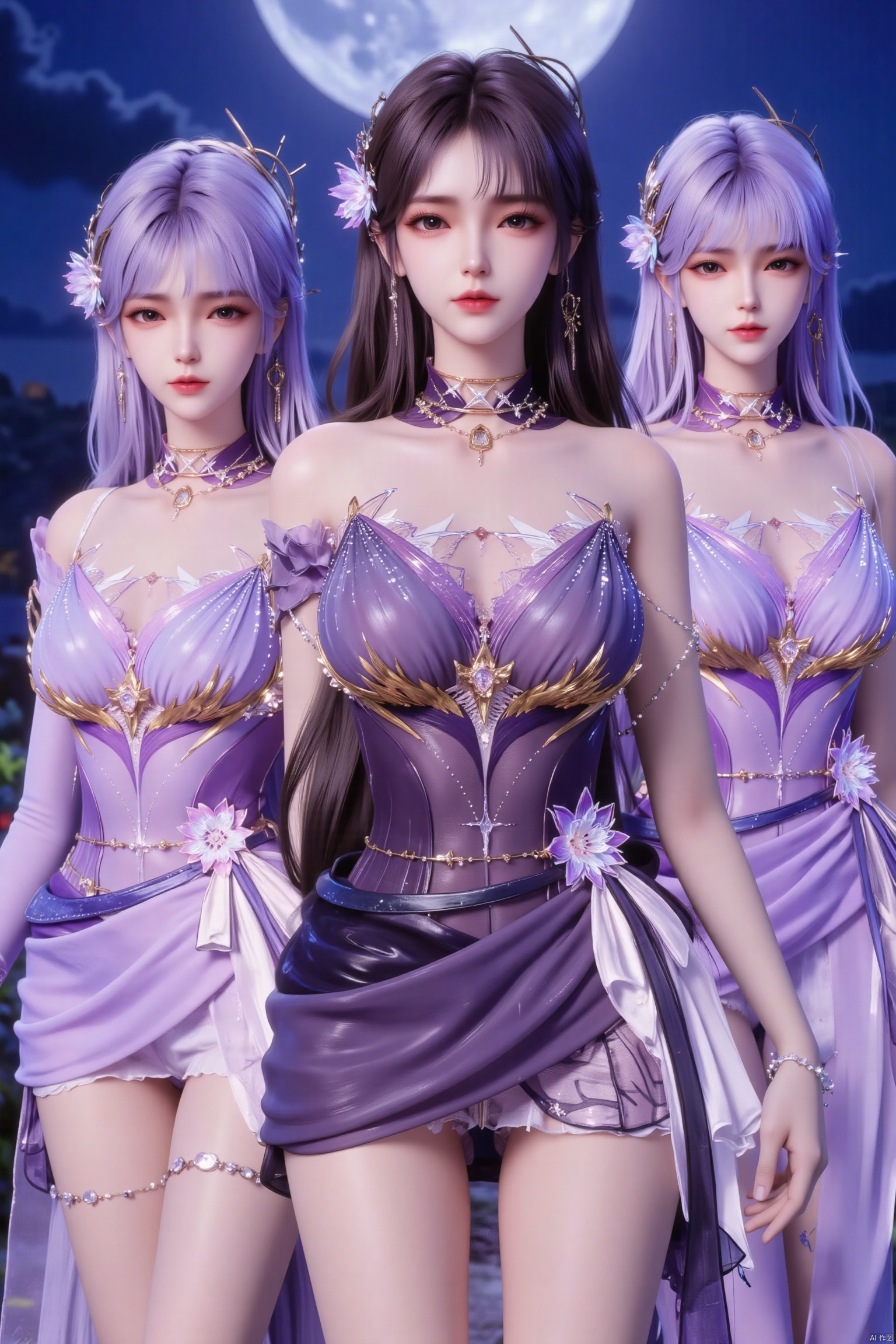 This is a highly detailed digital illustration featuring five young women, all with long, flowing hair and ethereal, glowing skin, set against a nighttime sky with a full moon and stars. Each woman has a unique hairstyle adorned with flowers, and they wear intricate, semi-transparent, and revealing outfits in pastel colors like lavender, light pink, and white.

The woman in the center, with long brown hair, is dressed in a sheer, black lace top that accentuates her ample breasts and a matching, sheer skirt. Her eyes are large and expressive, and she has a delicate, elegant demeanor.

To her left, a woman with long, wavy brown hair wears a light pink, sleeveless dress with a high neckline, revealing her cleavage. Her eyes are soft and her expression is serene.

On the right, a woman with long, straight purple hair wears a lavender, off-the-shoulder dress that drapes elegantly over her curves. She has a regal air about her, with a confident, slightly mischievous expression.

The woman at the bottom left has long, straight brown hair and wears a sheer, white dress with lace detailing, highlighting her slender figure. Her eyes are large and expressive.

The background features a serene, starry night sky with