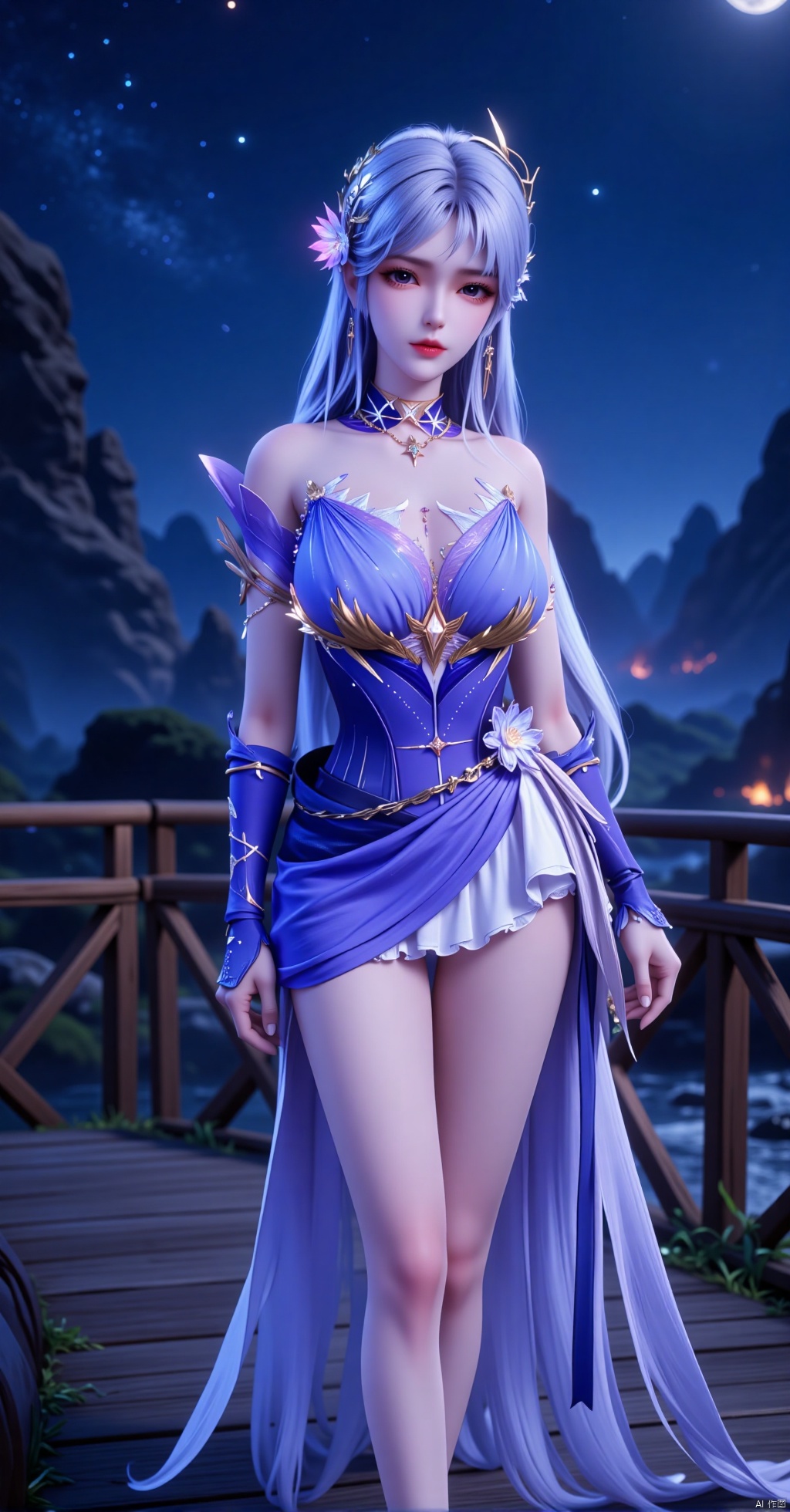 This is a highly detailed digital artwork featuring a fantastical, ethereal female character set against a dramatic, starry night sky. The woman stands confidently on a wooden bridge that spans a rocky, moonlit landscape. She has long, flowing silver hair adorned with a floral crown and a delicate, ethereal glow around her head. Her skin is fair and smooth, and she has striking red lips and piercing blue eyes. 

She is dressed in a stunning, form-fitting outfit that combines elements of medieval and fantasy fashion. Her top is a deep blue, strapless corset with intricate golden details, accentuating her ample breasts and slender waist. The corset is adorned with a golden brooch at the center, and a sheer white fabric drapes from her waist, cascading down to her feet, creating a flowing, ethereal effect. She wears matching blue gloves and high-heeled sandals with intricate designs.

In her right hand, she holds a small, glowing orb, emitting a warm, golden light. The background features jagged, rocky outcrops and distant mountains under a night sky filled with stars and a crescent moon. The overall atmosphere is mystical and magical, with a blend of fantasy and realism in both character design and environment.
