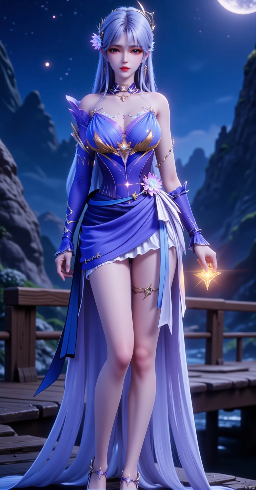 This is a highly detailed digital artwork featuring a fantastical, ethereal female character set against a dramatic, starry night sky. The woman stands confidently on a wooden bridge that spans a rocky, moonlit landscape. She has long, flowing silver hair adorned with a floral crown and a delicate, ethereal glow around her head. Her skin is fair and smooth, and she has striking red lips and piercing blue eyes. 

She is dressed in a stunning, form-fitting outfit that combines elements of medieval and fantasy fashion. Her top is a deep blue, strapless corset with intricate golden details, accentuating her ample breasts and slender waist. The corset is adorned with a golden brooch at the center, and a sheer white fabric drapes from her waist, cascading down to her feet, creating a flowing, ethereal effect. She wears matching blue gloves and high-heeled sandals with intricate designs.

In her right hand, she holds a small, glowing orb, emitting a warm, golden light. The background features jagged, rocky outcrops and distant mountains under a night sky filled with stars and a crescent moon. The overall atmosphere is mystical and magical, with a blend of fantasy and realism in both character design and environment.