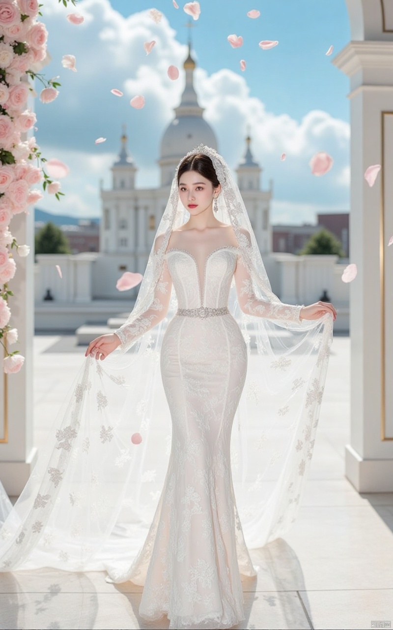 hunsha,a woman in a white wedding dress,standing,adorned with a veil,The dress is adorned with white floral designs,adding a touch of beauty to the scene. The woman's hair is styled in a sleek bob,and she's wearing a pair of earrings on her left ear. The backdrop is a stark white wall,in the background,flower,in front of a glorious cathedral,blue sky and white clouds,a large number of rose petals flying in the air