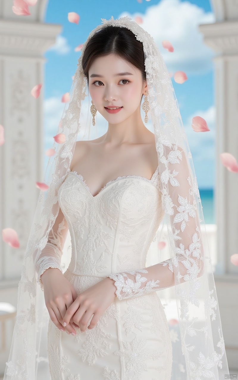 hunsha,a woman in a white wedding dress,standing,adorned with a veil,The dress is adorned with white floral designs,adding a touch of beauty to the scene. The woman's hair is styled in a sleek bob,and she's wearing a pair of earrings on her left ear. The backdrop is a stark white wall,in the background,flower,in front of a glorious cathedral,blue sky and white clouds,a large number of rose petals flying in the air