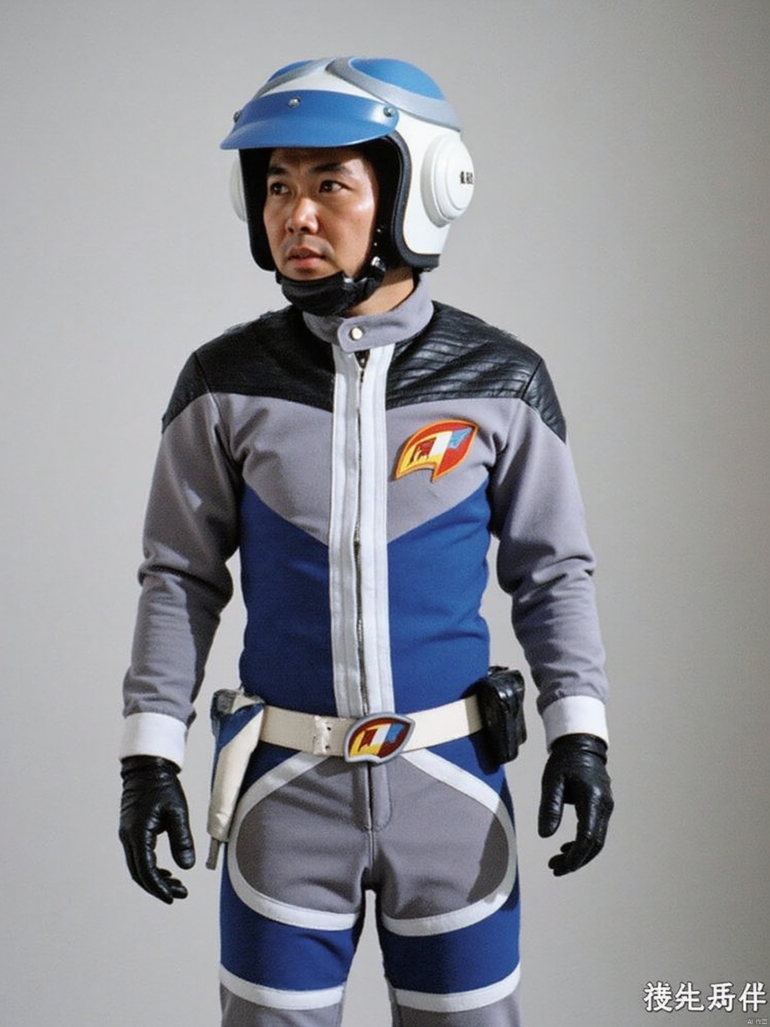 PAT,helmet,collar,belt,logo,uniform,jacket,gloves,boots,emblem,pants,grey jacket with blue line