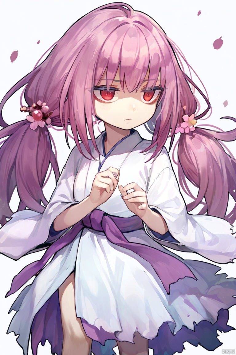 score_9,score_8,score_7, Ghost Reaper & Winter Cherries \(ygo\), 1girl, solo, long hair, hair ornament, red eyes, twintails, pink hair, japanese clothes, empty hands,