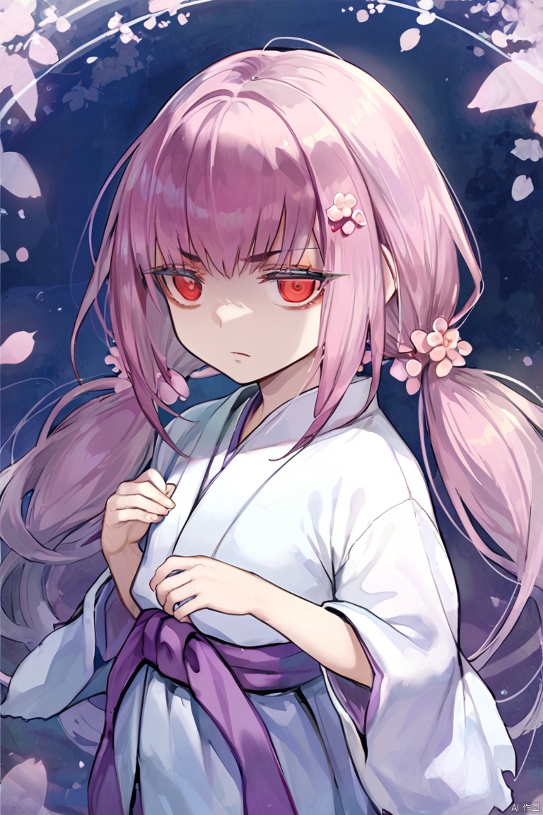 score_9,score_8,score_7, Ghost Reaper & Winter Cherries \(ygo\), 1girl, solo, long hair, hair ornament, red eyes, twintails, pink hair, japanese clothes, empty hands, arrogance, contempt,