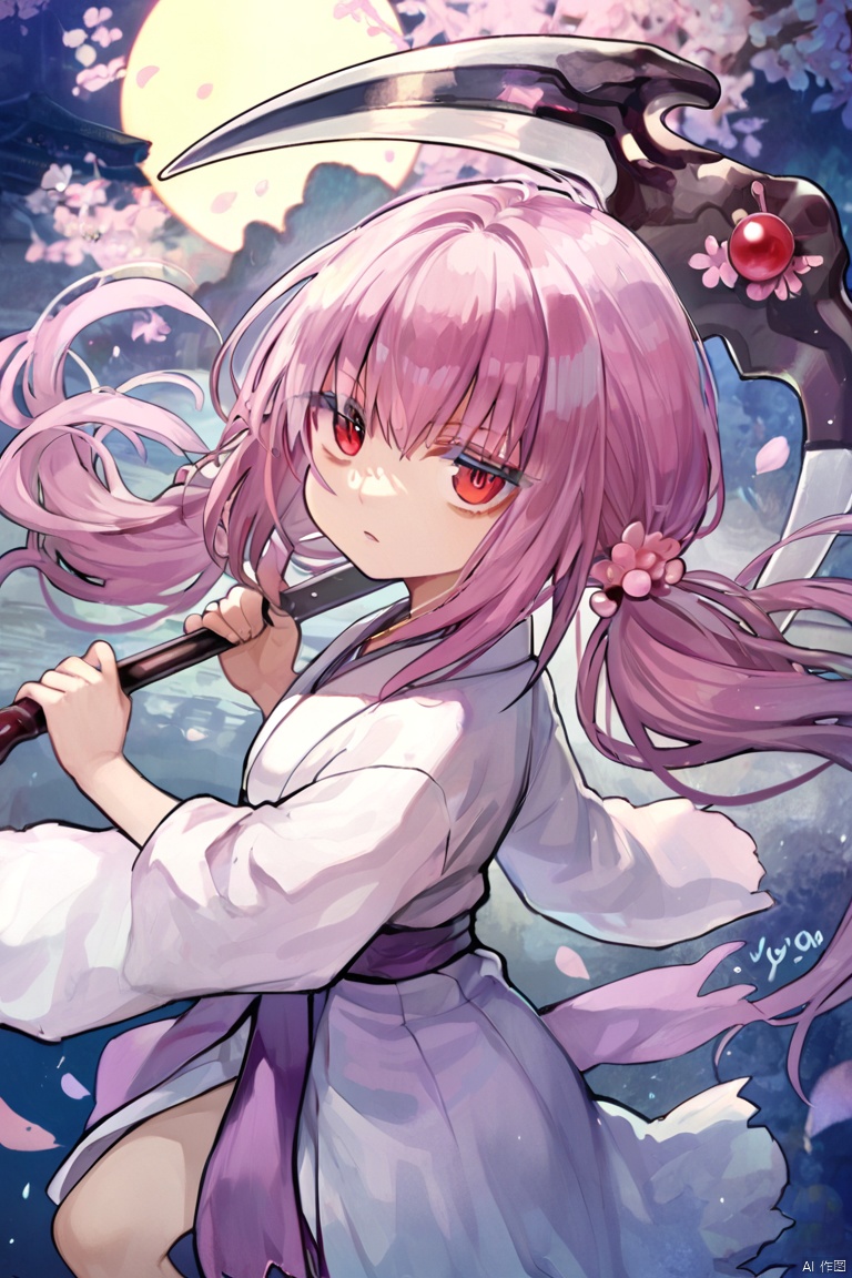 score_9,score_8,score_7, Ghost Reaper & Winter Cherries \(ygo\), 1girl, solo, long hair, hair ornament, red eyes, twintails, pink hair, japanese clothes, scythe,