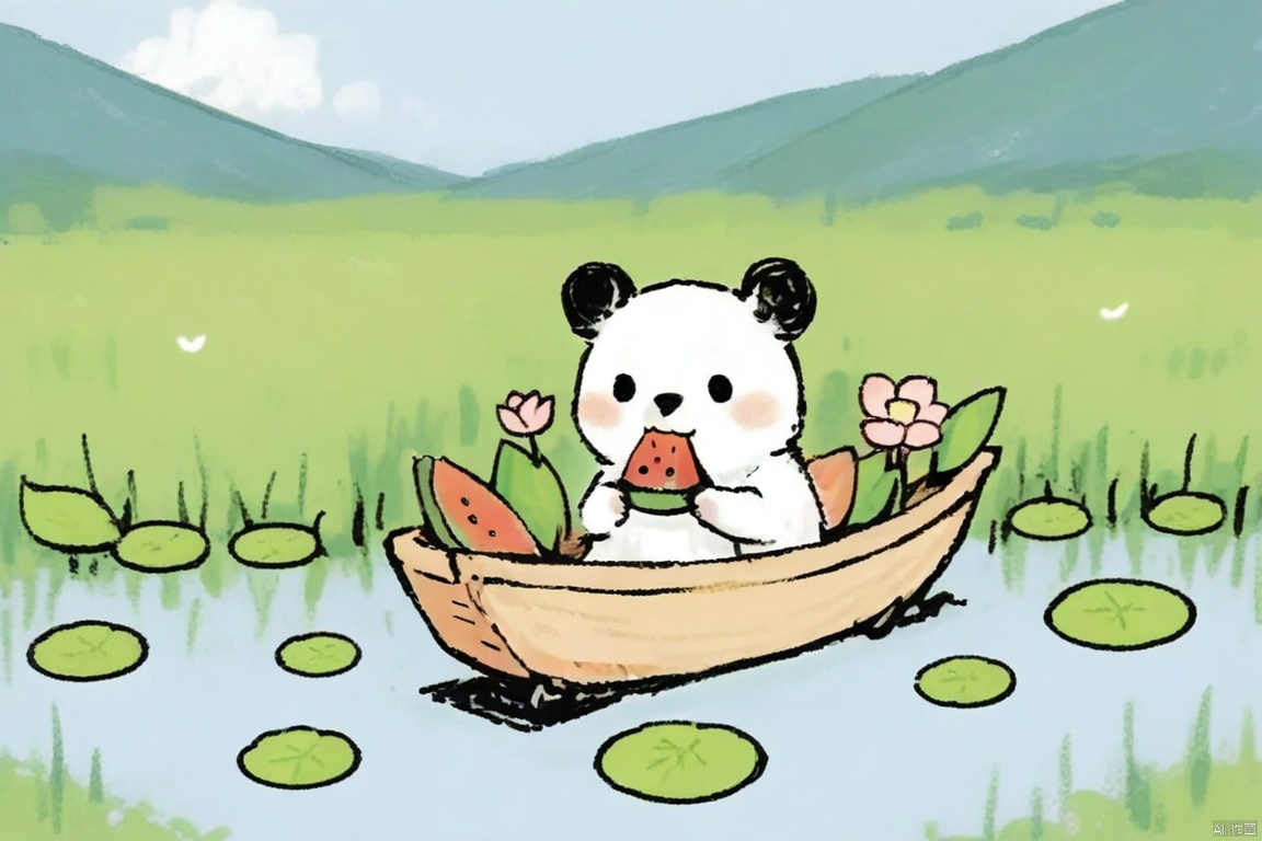 crayonsketch,watercolor illustration, cute scene of three pandas sitting on a traditional Japanese wooden boat, surrounded by large green lily pads and pink lotus flowers floating on water. pandas are eating watermelon slices, one panda is holding a watermelon slice in its mouth, another is sitting with a slice on its lap. third panda is sitting on a branch above the boat, looking down with a curious expression. background features a thatched-roof pagoda with pink cherry blossom branches extending over the boat, with more pink cherry blossoms scattered throughout the image. blue sky with soft clouds, peaceful and serene atmosphere. bright and vibrant colors, playful and whimsical style. pandas have black and white fur, large eyes, and round bodies. lily pads have detailed veins, lotus flowers have delicate petals. traditional Japanese elements, pastoral and natural setting.