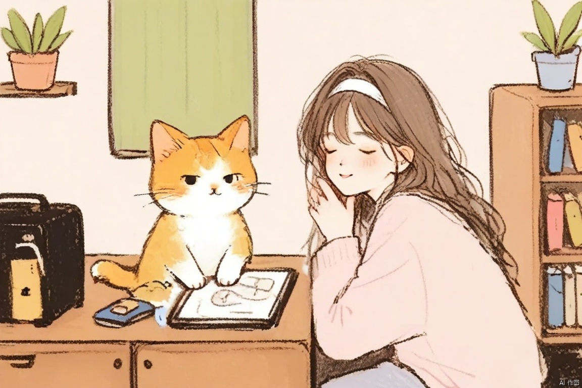 crayonsketch,cute cat girl, anime style, digital art, pastel colors, cozy room, cat girl sitting at a wooden desk, wearing a teal dress, brown headband with a spiral design, white fur, closed eyes, smiling, drawing on a map, bamboo plant in the background, green curtains, soft sunlight filtering through, bookshelf filled with books and plants, radio on the desk, small yellow plush toy on the radio, potted plants around the room, relaxed atmosphere, whimsical, detailed textures, warm and inviting, booru tags: cat girl, anime, digital art, pastel colors, cozy room, bamboo plant, green curtains, soft sunlight, bookshelf, radio, plush toy, potted plants, relaxed atmosphere, whimsical, warm, inviting, detailed textures