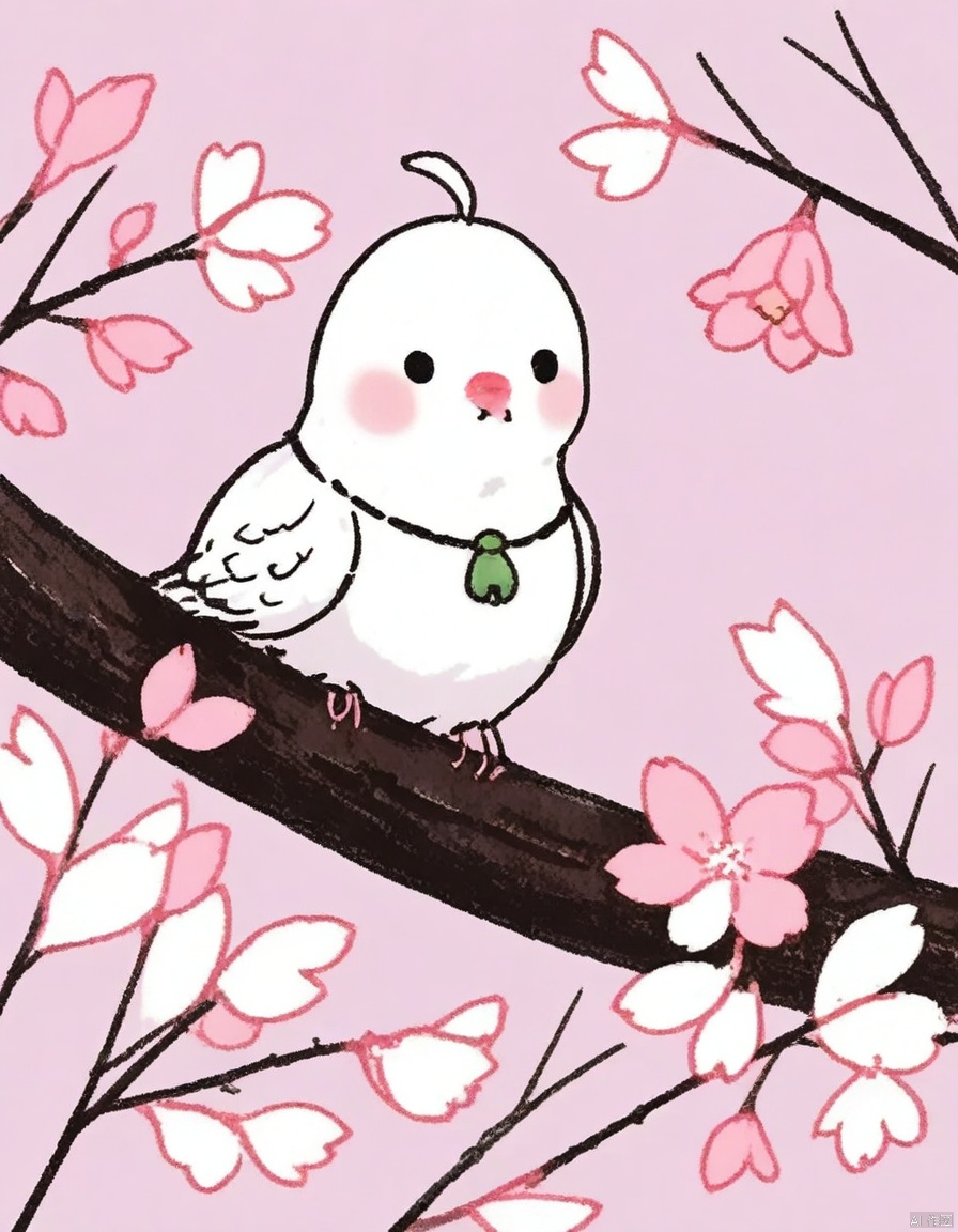 crayonsketch,A digital illustration featuring a white snake with a pink underbelly coiled elegantly among pink cherry blossoms. The snake has blue eyes and a forked tongue, giving it a mystical appearance. The background is a solid, vibrant red, with a subtle pattern of cherry blossoms in lighter shades of pink. At the top of the image, bold white text reads "Happy Snake Year 2025" in a playful, bold font. The overall style is clean and modern with a touch of traditional Asian art influence. The snake's scales are detailed, giving it a lifelike texture, while the flowers have a soft, delicate appearance. The image exudes a festive and auspicious feel, perfect for celebrating the Chinese New Year.