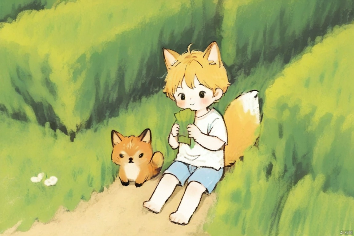 crayonsketch,Cute, vibrant illustration of a young boy playing a flute under a large tree. The boy has short brown hair, wears a white t-shirt and blue shorts, and sits on a large rock. He is playing a traditional wooden flute. The tree is lush with green leaves and has a hollow trunk where a small orange squirrel is peeking out. Surrounding the boy are various cute animals: a blue cow with closed eyes, a red fox standing on its hind legs, and two white rabbits. The background is filled with bright yellow stars, green grass, and flowers. The style is whimsical and colorful, with a soft, dreamy atmosphere. The image is a digital drawing with a playful, fantasy theme. The artist's signature is at the bottom center.