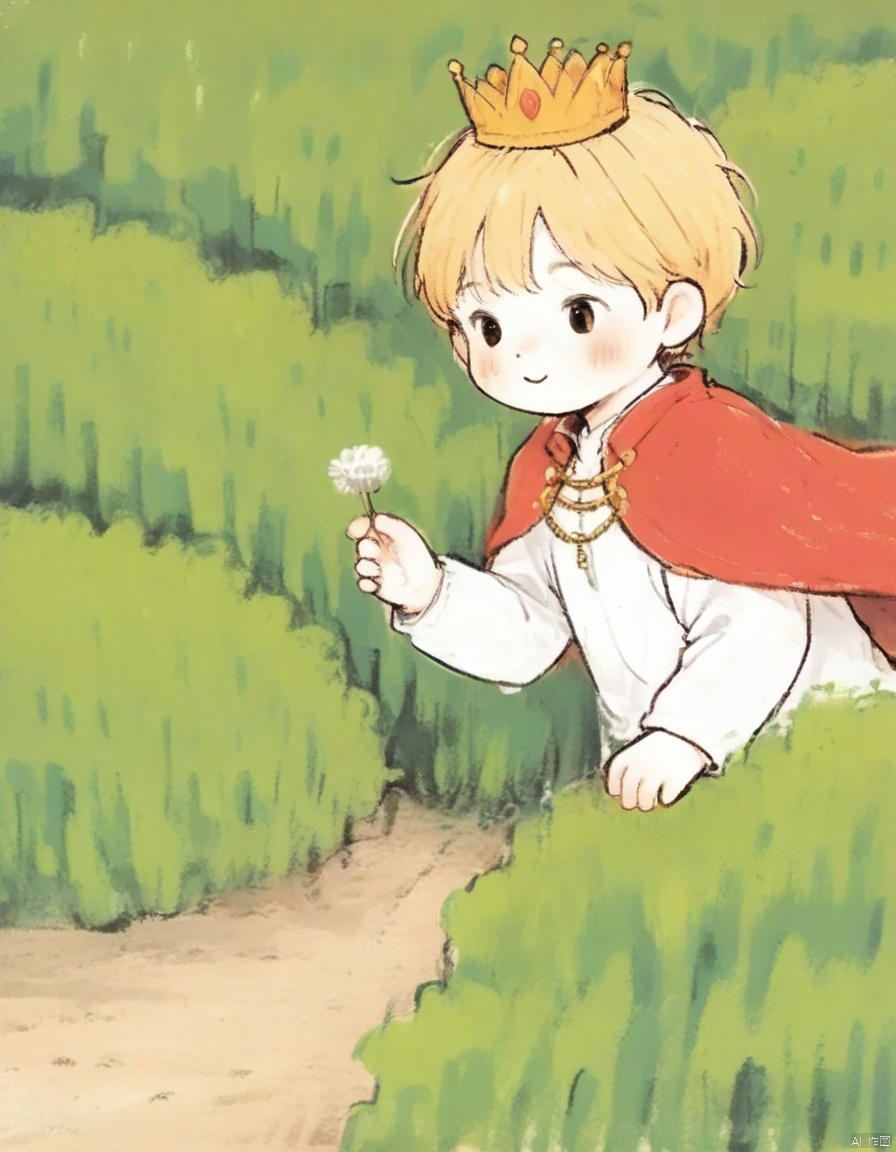 crayonsketch, A whimsical, hand-drawn illustration from a below camera angle about a cute, cartoon-style illustration of a young boy dressed as a princess with a crown and a red cape, running towards a dandelion. the boy, who appears to be around 10 years old, has short blonde hair and is wearing a blue and red outfit with a golden crown on his head. he is in the middle of the image, with a determined expression on his face, as if he is about to take flight. the background is a simple, light-colored sky with a few scattered dandelions and green leaves, giving the scene a whimsical and dreamy feel. the overall style is reminiscent of classic children's illustrations, with soft shading and vibrant colors that bring the scene to life.