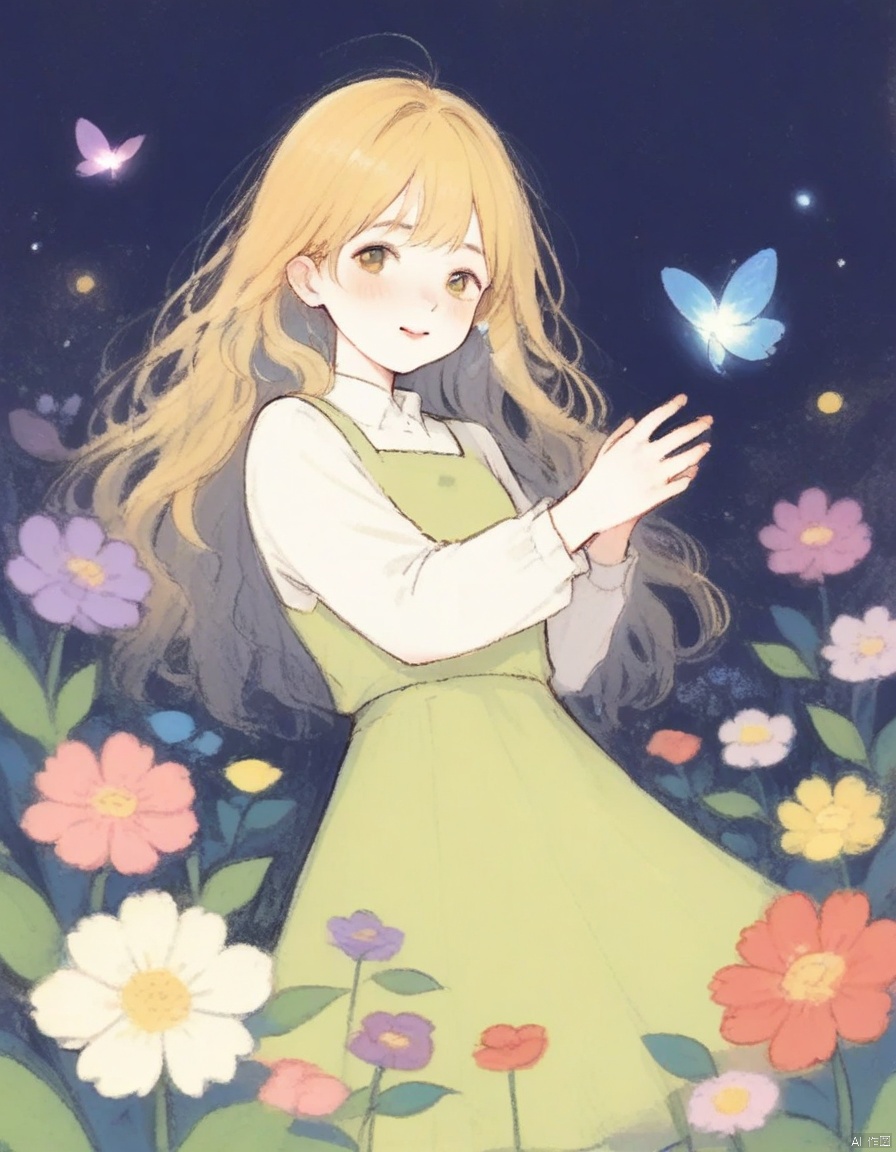 crayonsketch,cute anime-style drawing of a young boy with spiky blonde hair, big round eyes, and a small smile. He's wearing a green coat with a brown belt, a bright yellow scarf, and holding a pink rose in his hands. The background is a swirling, cosmic blue with stars and small red and white stars scattered around. The boy appears to be standing in a swirling blue vortex, giving a sense of movement and depth. The art style is whimsical and vibrant, with a soft, painterly texture. The boy looks innocent and endearing, like a character from a fantasy or adventure story. The colors are rich and saturated, with a focus on blues, yellows, and pinks. The overall mood is magical and dreamlike.