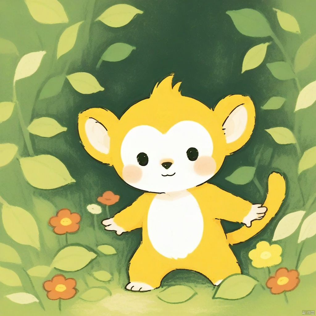crayonsketch,Freehand illustration style,Little monkey and rabbit and elephant happy to play in the forest,
