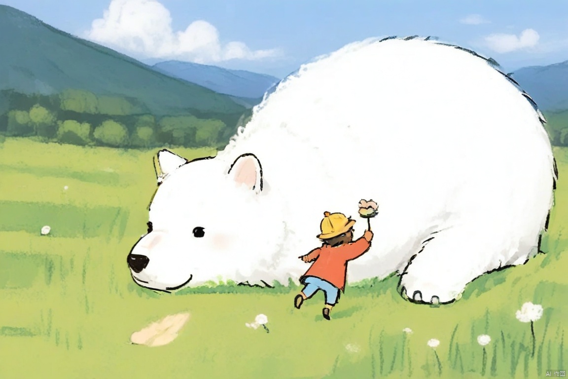 crayonsketch,cute girl riding a white polar bear through a vibrant yellow field of flowers, bright sunny day, colorful, digital illustration, anime style, girl with brown hair wearing a yellow hat and red coat, big smile, happy expression, fluffy polar bear with a cute expression, small orange cat sitting on the bear's back, windmill in the background to the left, blue sky with fluffy white clouds, birds flying in the sky, green trees and bushes in the distance, yellow and white flowers in the foreground, detailed, cheerful atmosphere, whimsical, playful, summer, outdoor setting, bright and colorful palette, soft textures, childlike wonder, imaginative, dreamy, joyful scene, cartoonish style, detailed background, vivid colors, family-friendly, fun, innocent, idyllic, fantasy elements, peaceful, serene, nature, adventure, exploration, adventure, innocence, happiness, fantasy, dreamy, whimsical, imaginative, joyful, playful, outdoor, nature, adventure, innocence, happiness, fantasy, dreamy, whimsical, imaginative, joyful, playful, outdoor, nature, adventure, innocence, happiness, fantasy, dreamy, whimsical, imaginative, joyful, playful, outdoor, nature, 