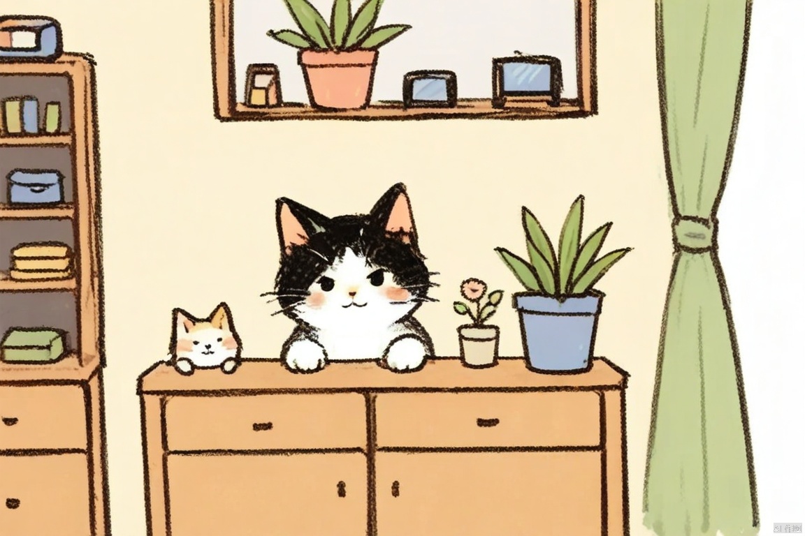 crayonsketch,cute cat girl, anime style, digital art, pastel colors, cozy room, cat girl sitting at a wooden desk, wearing a teal dress, brown headband with a spiral design, white fur, closed eyes, smiling, drawing on a map, bamboo plant in the background, green curtains, soft sunlight filtering through, bookshelf filled with books and plants, radio on the desk, small yellow plush toy on the radio, potted plants around the room, relaxed atmosphere, whimsical, detailed textures, warm and inviting, booru tags: cat girl, anime, digital art, pastel colors, cozy room, bamboo plant, green curtains, soft sunlight, bookshelf, radio, plush toy, potted plants, relaxed atmosphere, whimsical, warm, inviting, detailed textures