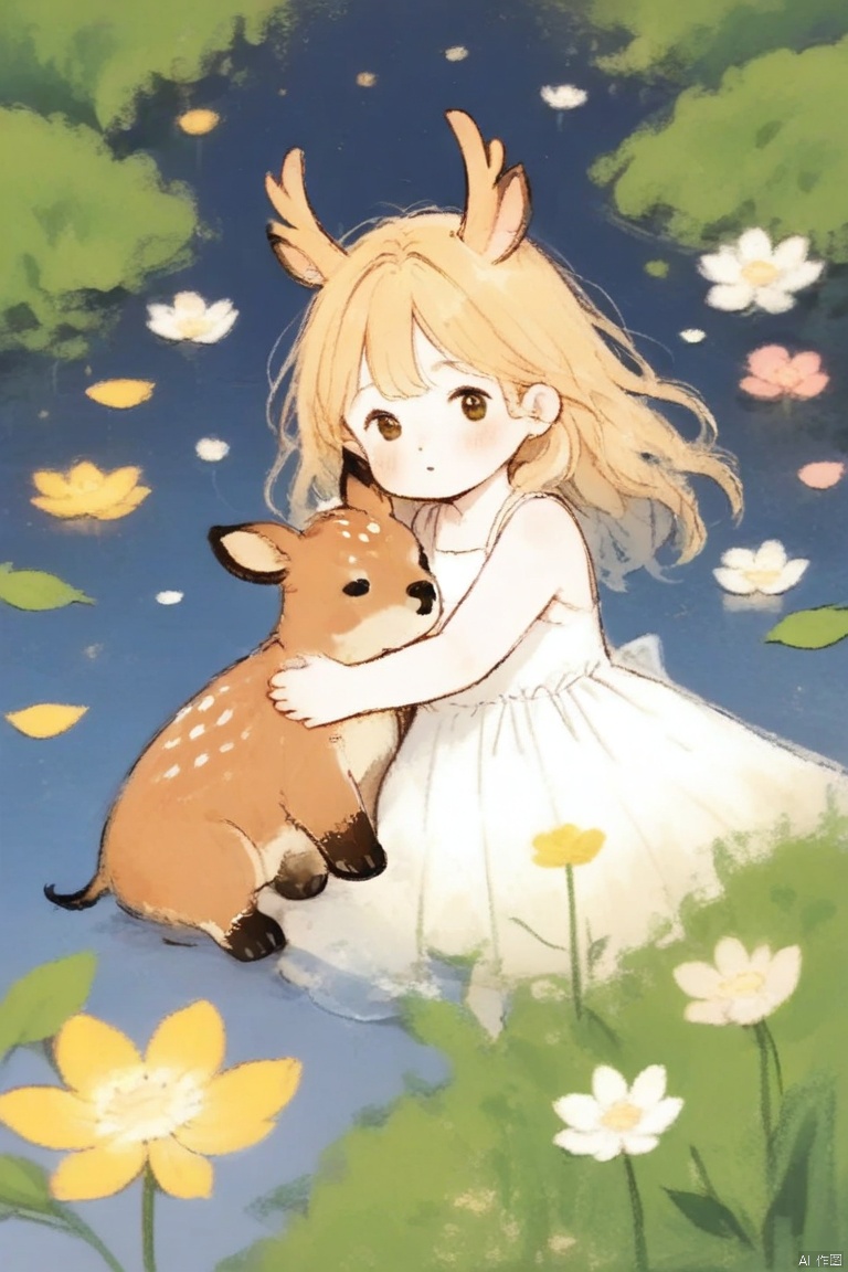 crayonsketch,anime-style, digital art, vibrant colors, magical forest scene, beautiful woman with long white hair, sleeping peacefully, lying on her side, surrounded by tall green grass and colorful flowers, yellow crescent moon in the background, gentle smile on her face, serene expression, soft lighting, fairy-tale ambiance, deer with large antlers, brown fur, and big eyes, standing behind her, looking at her with curiosity, calm pond with lily pads and water lilies, reflections of the moon and stars on the water, whimsical and dreamy atmosphere, fantasy elements, detailed textures, soft brush strokes, lush and vibrant nature, dreamy and peaceful mood, ethereal and enchanting, fairy-tale illustration, mystical and tranquil setting, serene and enchanting scene, magical and whimsical artwork, fantasy illustration, nature and magic blend, peaceful and dreamy atmosphere.