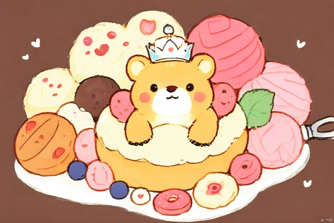 crayonsketch,cute bear, cartoon style, digital art, pastel colors, kawaii, chibi, bear holding a strawberry, bear wearing a chef's hat, bear has rosy cheeks, bear has a round face, bear has a small smile, bear has paws up, background is pink with white polka dots, various baking items around the bear, blueberry muffin, cupcake with a cherry on top, donut, plate of cookies, mixing bowl, whisk, rolling pin, icing bag, heart-shaped cookie, bear is centered, bear is the main subject, bear is the only anthropomorphic character, bear is the only character, bear has a white border around the image, bear has a pink ribbon at the top of the image, bear has a message at the top "HAPPY BEAR" and "HAPPY BEAR" at the bottom, bear has a message at the bottom "HAPPY BEAR", bear has a message at the bottom "HAPPY BEAR", bear has a message at the bottom "HAPPY BEAR", bear has a message at the bottom "HAPPY BEAR", bear has a message at the bottom "HAPPY BEAR", bear has a message at the bottom "HAPPY BEAR", bear has a message at the bottom "HAPPY BEAR", bear has a message at the bottom "HAPPY BEAR", bear has a message at the bottom "HAPP
