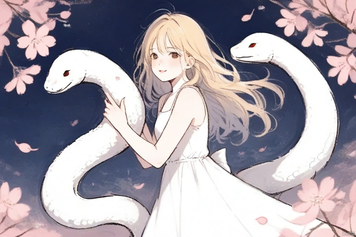 crayonsketch,A digital illustration featuring a white snake with a pink underbelly coiled elegantly among pink cherry blossoms. The snake has blue eyes and a forked tongue, giving it a mystical appearance. The background is a solid, vibrant red, with a subtle pattern of cherry blossoms in lighter shades of pink. At the top of the image, bold white text reads "Happy Snake Year 2025" in a playful, bold font. The overall style is clean and modern with a touch of traditional Asian art influence. The snake's scales are detailed, giving it a lifelike texture, while the flowers have a soft, delicate appearance. The image exudes a festive and auspicious feel, perfect for celebrating the Chinese New Year.
