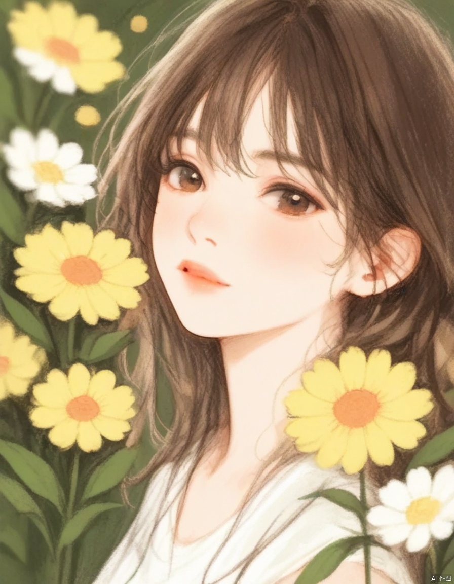 crayonsketch,photorealistic, beautiful young woman, long wavy brown hair, fair skin, large expressive brown eyes, wearing a cream-colored blouse, surrounded by a lush field of white and yellow daisies, bright sunny day, soft natural light, serene and gentle expression, slight blush on cheeks, background blurred green foliage, vibrant and cheerful atmosphere, detailed textures on flowers, realistic and lifelike style, focus on woman's face and upper body, soft and natural makeup, summer vibe, dreamy and tranquil mood, no watermarks, realistic lighting and shadows, close-up shot, high detail, botanical theme, ethereal and peaceful setting, bright and airy, no visible jewelry or accessories, no tattoos or piercings, casual and relaxed pose, natural beauty, soft and smooth skin texture, subtle and natural colors, harmonious and balanced composition, detailed and realistic portrait, high-quality and polished finish, professional photography style, captivating and engaging subject, soft focus on background, clear and defined subject, realistic and immersive experience, warm and inviting color palette, gentle and soothing visual experience, beautiful and detailed depiction of nature and human subject.
