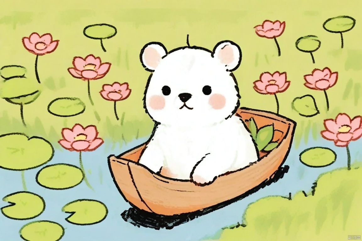 crayonsketch,watercolor illustration, cute scene of three pandas sitting on a traditional Japanese wooden boat, surrounded by large green lily pads and pink lotus flowers floating on water. pandas are eating watermelon slices, one panda is holding a watermelon slice in its mouth, another is sitting with a slice on its lap. third panda is sitting on a branch above the boat, looking down with a curious expression. background features a thatched-roof pagoda with pink cherry blossom branches extending over the boat, with more pink cherry blossoms scattered throughout the image. blue sky with soft clouds, peaceful and serene atmosphere. bright and vibrant colors, playful and whimsical style. pandas have black and white fur, large eyes, and round bodies. lily pads have detailed veins, lotus flowers have delicate petals. traditional Japanese elements, pastoral and natural setting.