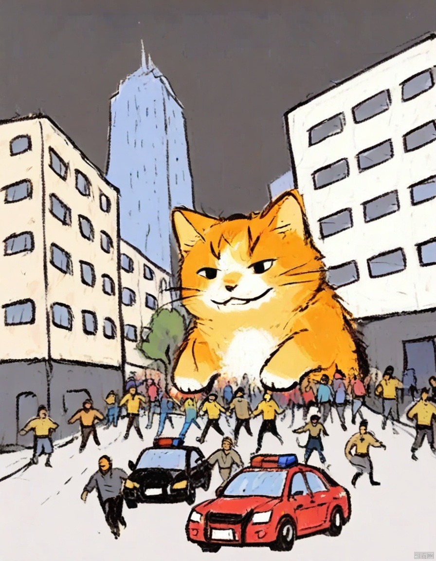 crayonsketch, A cartoon-style illustration depicting a chaotic scene with a large orange cat in the center, surrounded by a crowd of people. the cat appears to be angry, with a mischievous grin and sharp teeth, and is positioned in the middle of the image. the scene is set in a cityscape with tall buildings and trees in the background, and two red police cars parked on either side of the cat. the people in the crowd are of various ages, genders, and ethnicities, and they are engaged in a physical altercation, with some of them holding hands and others running away from the cat, while others are running away with their arms around the cat's neck.

solo, looking at viewer, smile, open mouth, simple background, white background, multiple girls, black hair, standing, full body, outdoors, teeth, multiple boys, car, building, angry, angry cat, group, police, police car, runny makeup