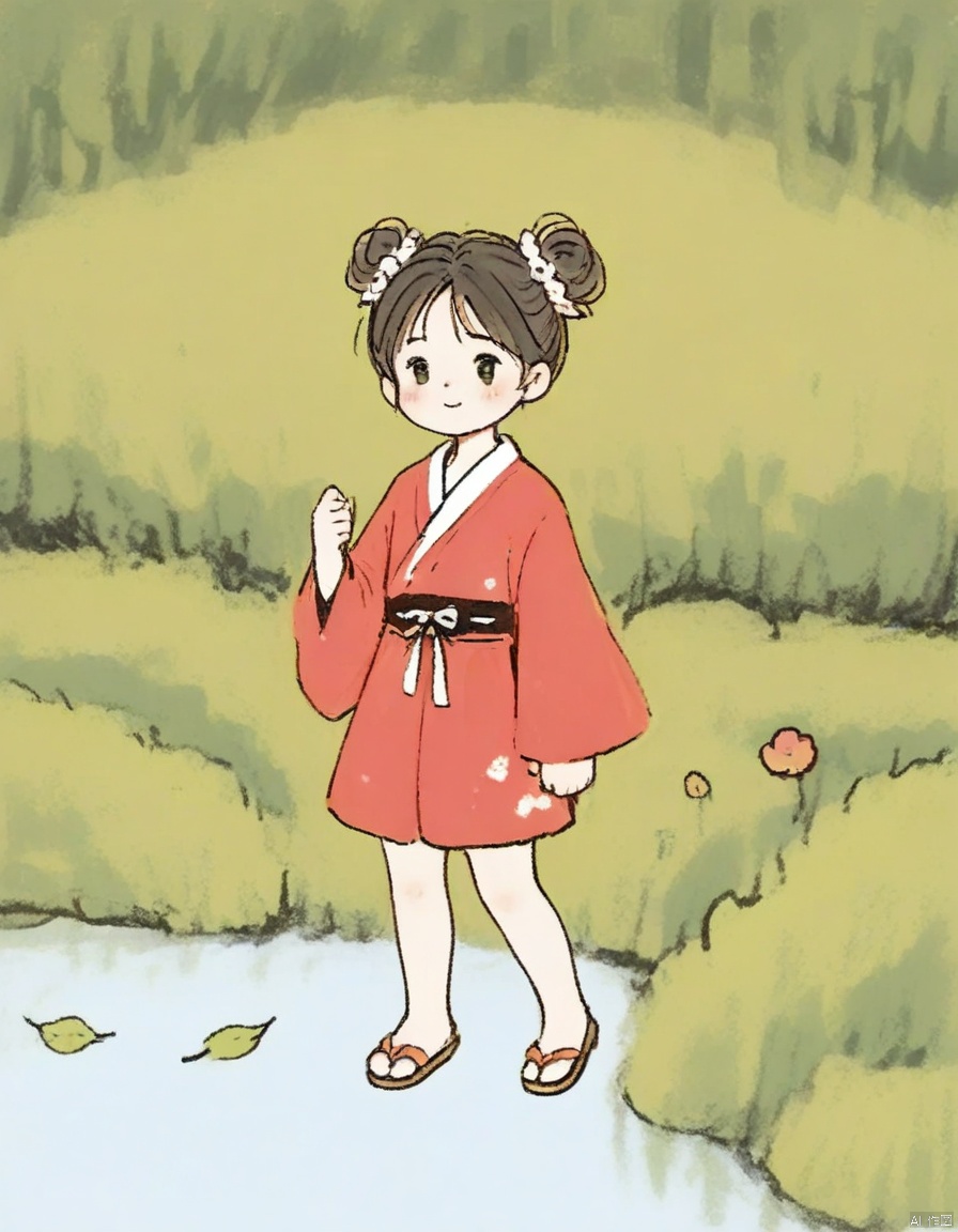 crayonsketch,Anime girl, cute, standing in a traditional Japanese garden, wearing a red kimono with gold floral patterns, white inner robe, and brown sandals. Long black hair, adorned with gold hair accessories, two large gold bells. Big, expressive brown eyes, small mouth, blushing cheeks. Background: traditional Japanese architecture, red lanterns with Japanese characters, stone pathway, green bushes, autumn leaves in red and orange. Koi fish in the foreground, swimming in a small pond. Bright, soft colors, pastel tones. Digital art, anime style, detailed, vibrant, peaceful atmosphere.
