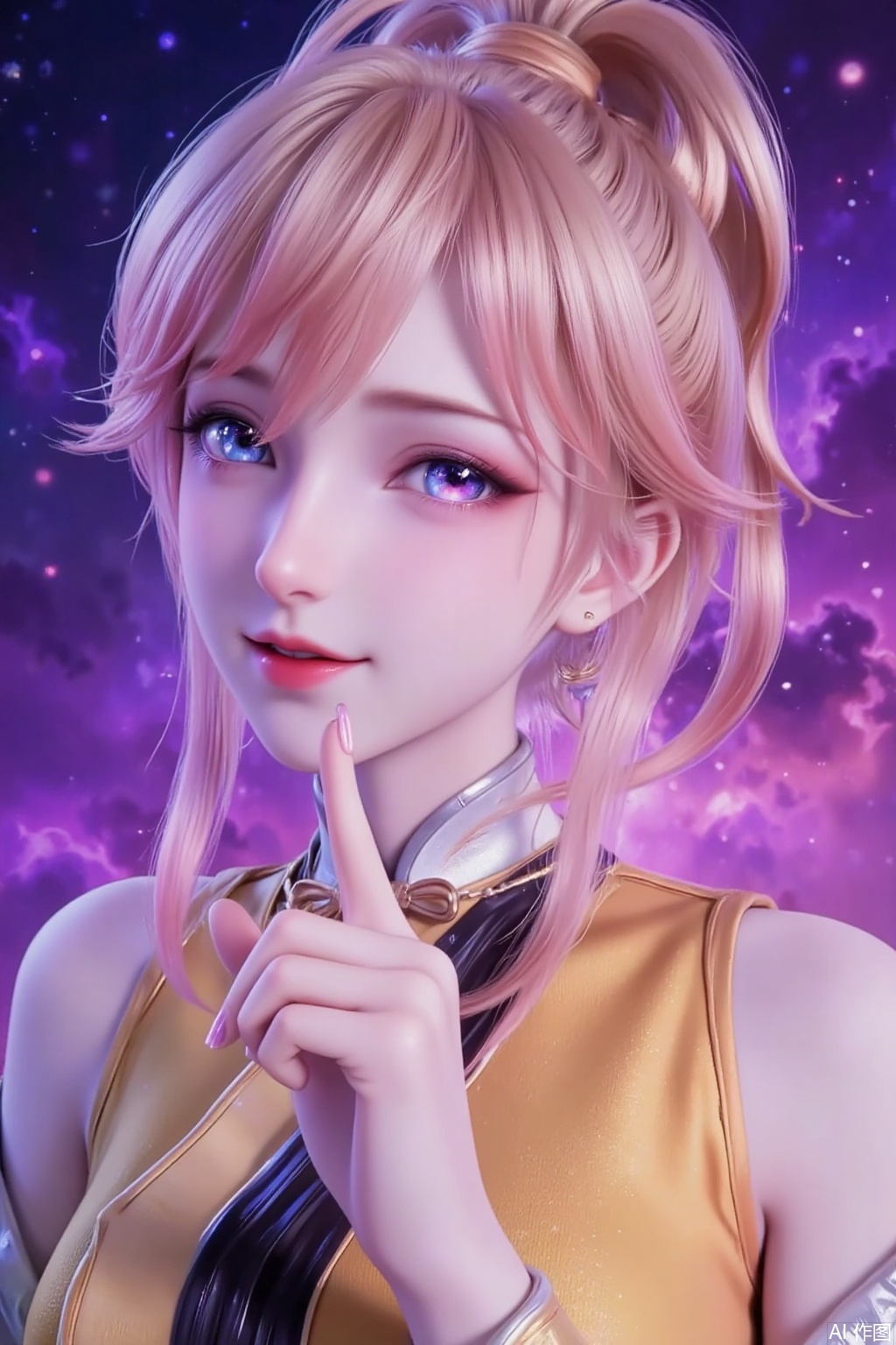 1 girl, solo, tan hair, high ponytail, bangs, frowns, squints, blue star eyes, long eyelashes, pink lips, index finger of one hand, straight toward the middle of the mouth, eyes looking upward, smiling. Yellow Chinese-style practice clothes, starry sky background, magnificent picture quality, gorgeous purple galaxy.