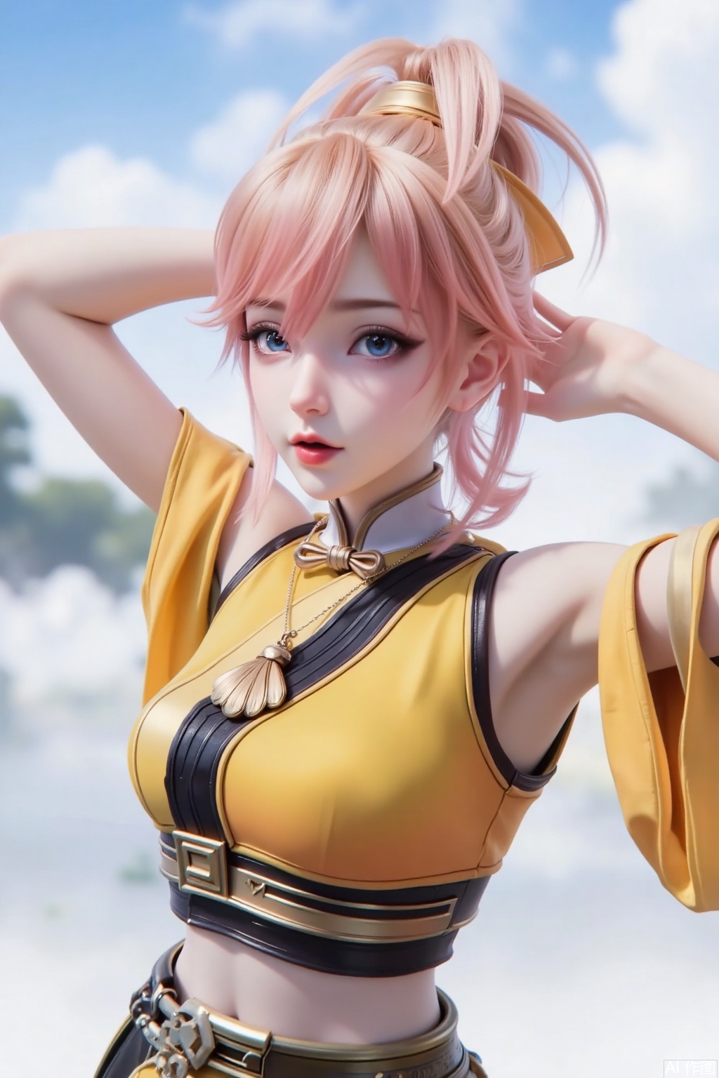 1 girl, solo, upper body, yellow and pink gradient short hair, tied with hair tied into a high ponytail, broken hair on both sides, oblique bangs, metal shell necklace, yellow short top, cut clothes, holding hands behind the head, stretching, slightly raised corners of the mouth, cunning eyes, white clouds and sky in the background, blurred background, low angle shot.