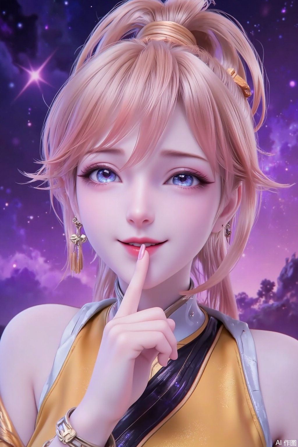 1 girl, solo, tan hair, high ponytail, bangs, frowns, squints, blue star eyes, long eyelashes, pink lips, index finger of one hand, straight toward the middle of the mouth, eyes looking upward, smiling. Yellow Chinese-style practice clothes, starry sky background, magnificent picture quality, gorgeous purple galaxy.