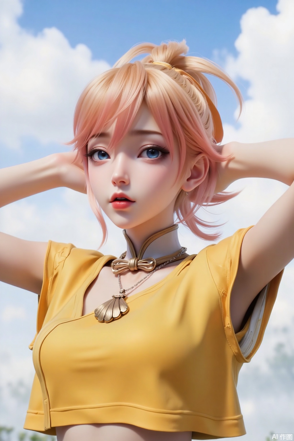1 girl, solo, upper body, yellow and pink gradient short hair, tied with hair tied into a high ponytail, broken hair on both sides, oblique bangs, metal shell necklace, yellow short top, cut clothes, holding hands behind the head, stretching, slightly raised corners of the mouth, cunning eyes, white clouds and sky in the background, blurred background, low angle shot.