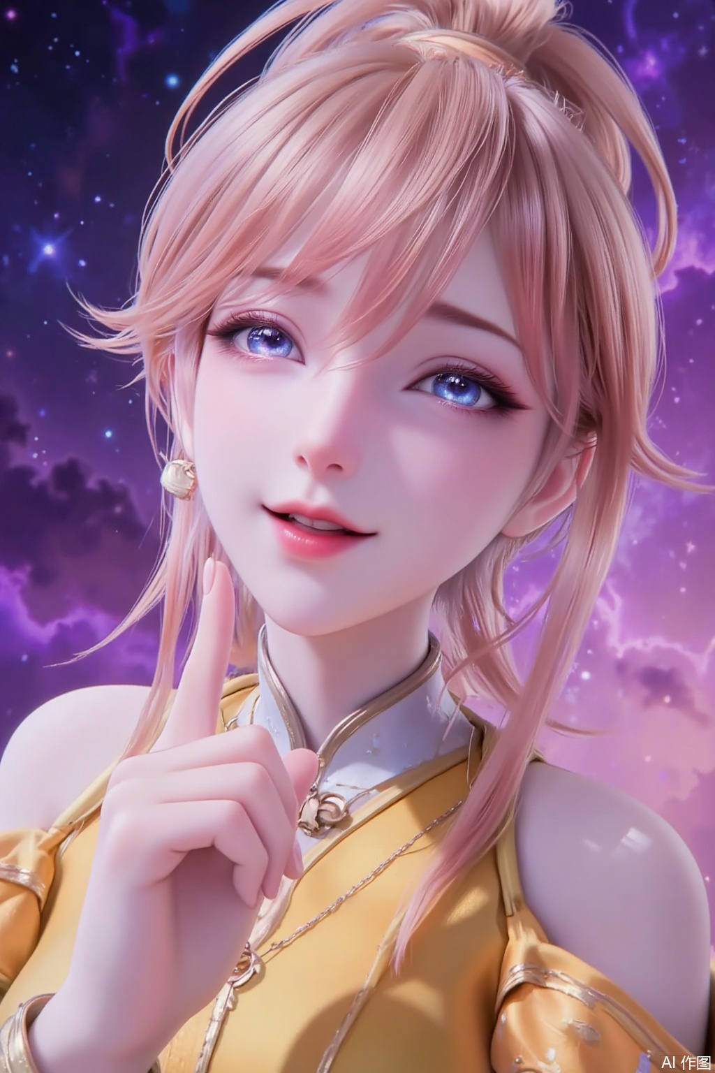 1 girl, solo, tan hair, high ponytail, bangs, frowns, squints, blue star eyes, long eyelashes, pink lips, index finger of one hand, straight toward the middle of the mouth, eyes looking upward, smiling. Yellow Chinese-style practice clothes, starry sky background, magnificent picture quality, gorgeous purple galaxy.