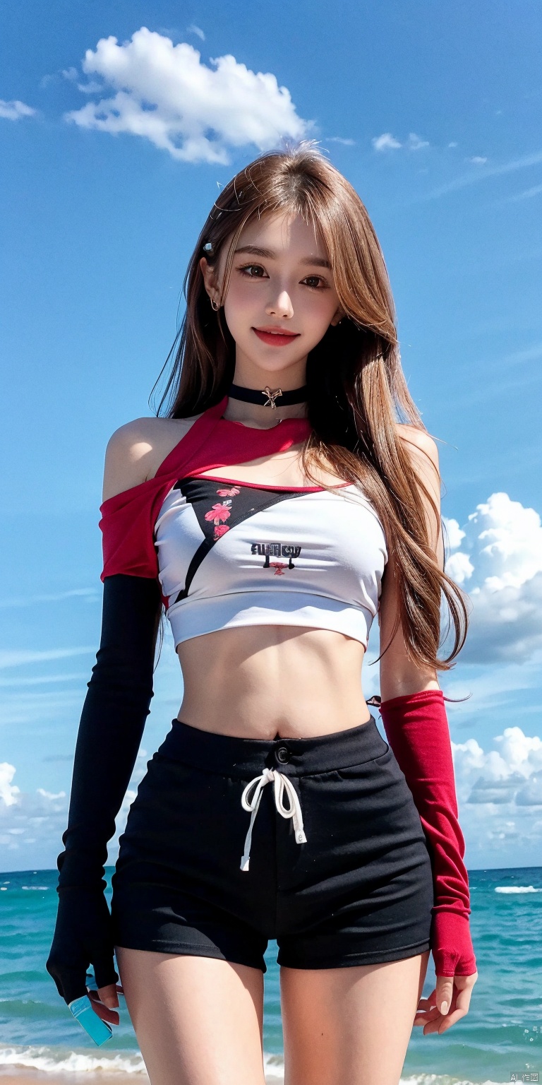  cowboy shot, Blue sky, white clouds, ocean,nai3, 1girl, shorts, solo, crop top, black shorts, choker, navel, shirt, midriff, crop top overhang, looking at viewer, white shirt, jewelry, breasts, bare shoulders, short shorts, off-shoulder shirt, off shoulder, black choker, thighs, stomach, hand on own thigh, long hair, bracelet, short sleeves, ribbon, hand up, collarbone, hair ribbon, medium breasts, standing, high-waist shorts, dolphin shorts, bra strap, , hair ornament, thigh gap, necklace, expressionless, , ,kind smile, ,yangwawa,blond_hair