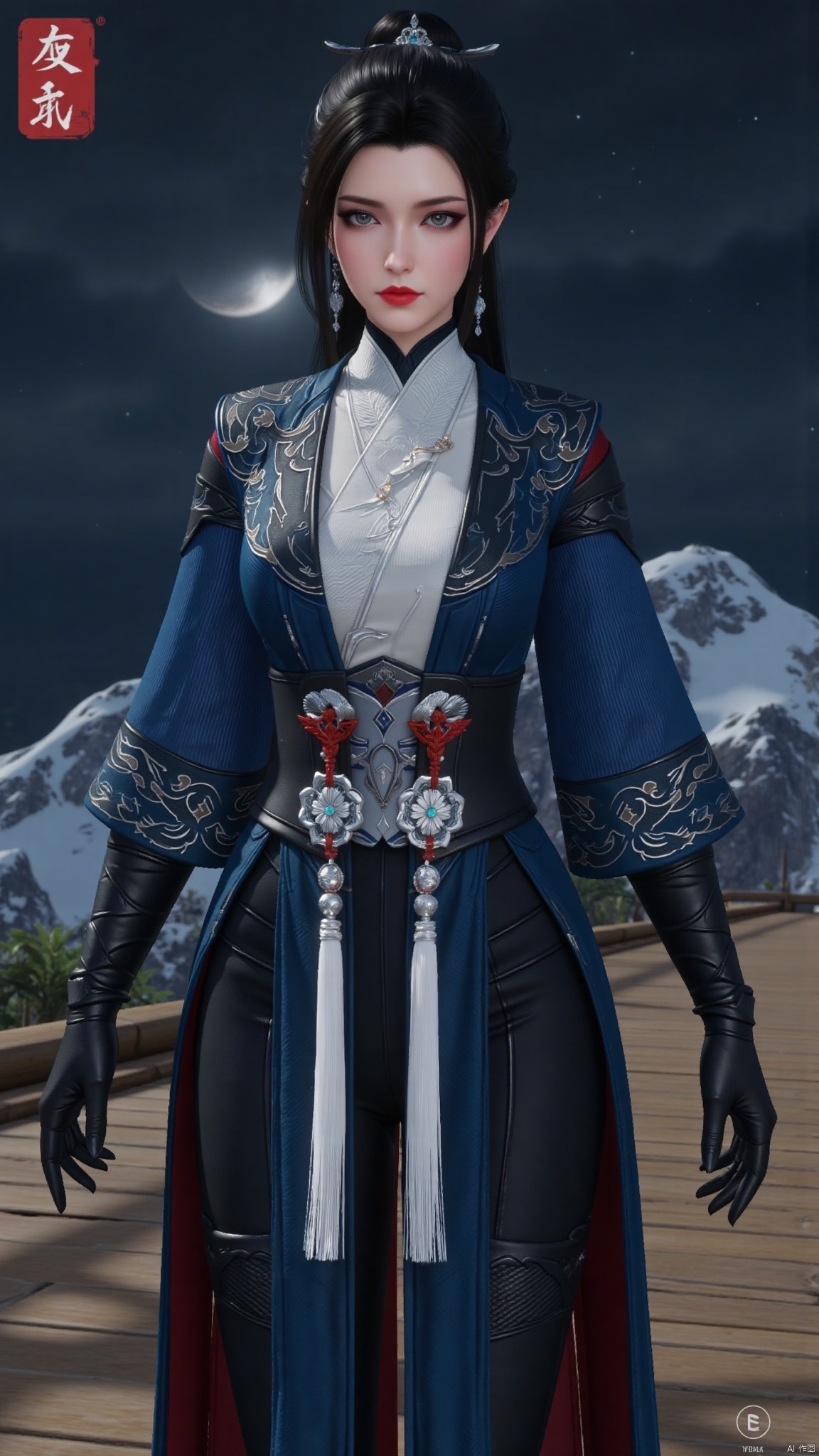 best quality,realistic,hime cut,1girl,solo,breasts,large breasts,huge breasts,huge buttocks,long hair,black hair,hair ornament,hair bun,ribbon,long sleeves,gloves,black gloves,chinese clothes,dress,black pants,red lips,YMJH清永昼,陆雪琪,Sci-fi background