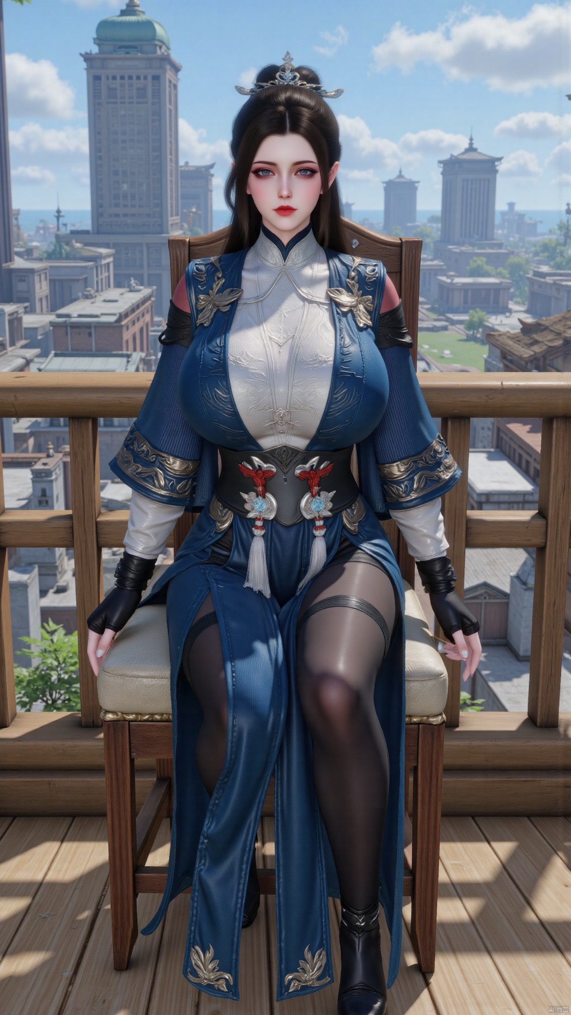 best quality,realistic,1girl,solo,breasts,large breasts,huge breasts,huge buttocks,long hair,black hair,hair ornament,hair bun,sitting in a chair,ribbon,long sleeves,gloves,black gloves,chinese clothes,dress,black pants,boots,black footwear,red lips,YMJH清永昼,陆雪琪,sky,cloud,sunshine,modern city background,
