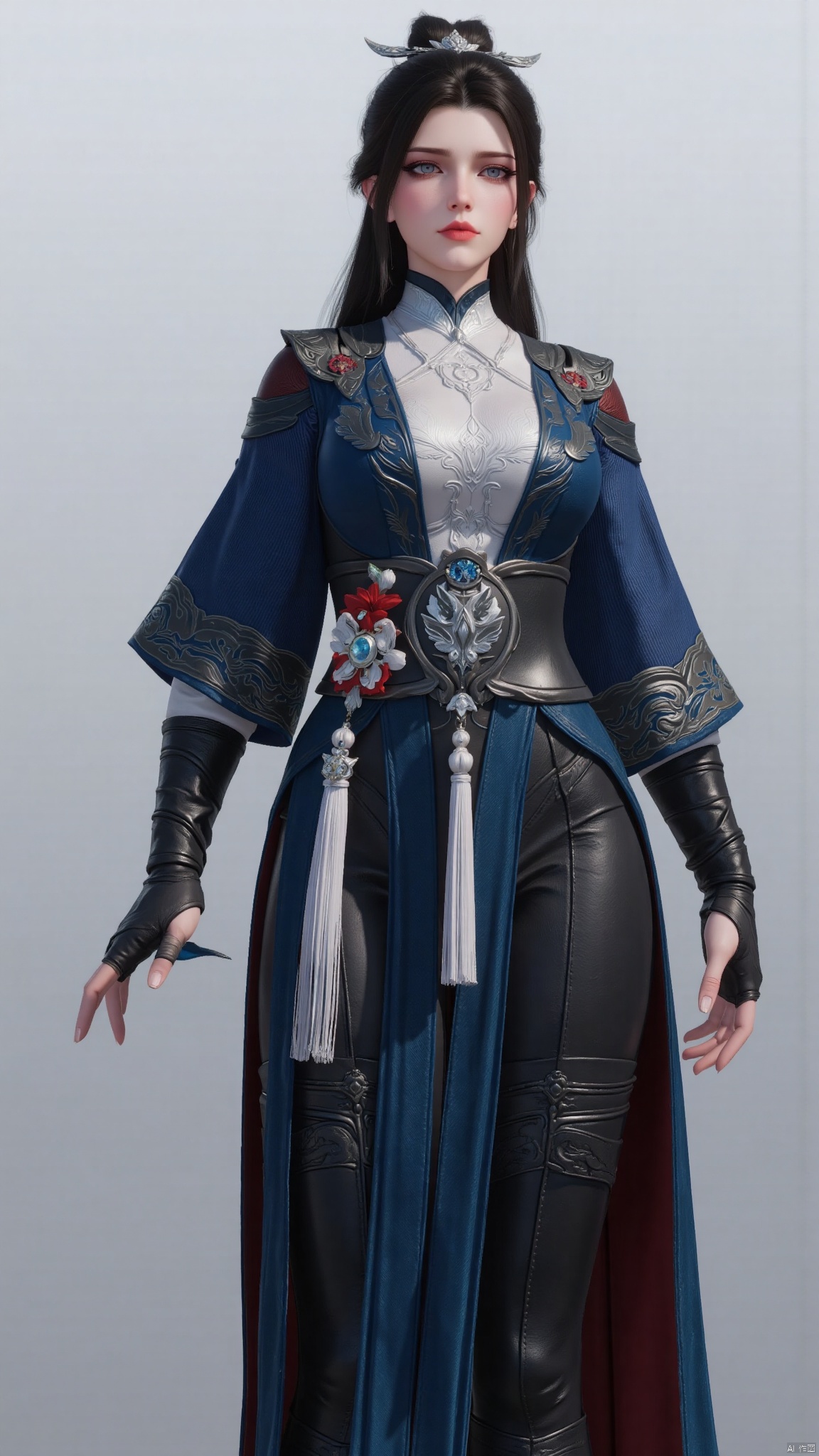 best quality,realistic,breasts,large breasts,huge breasts,huge buttocks,1girl,solo,long hair,black hair,hair ornament,hair bun,ribbon,long sleeves,gloves,black gloves,chinese clothes,dress,black pants,boots,black footwear,red lips,YMJH清永昼,QipaoQ,陆雪琪