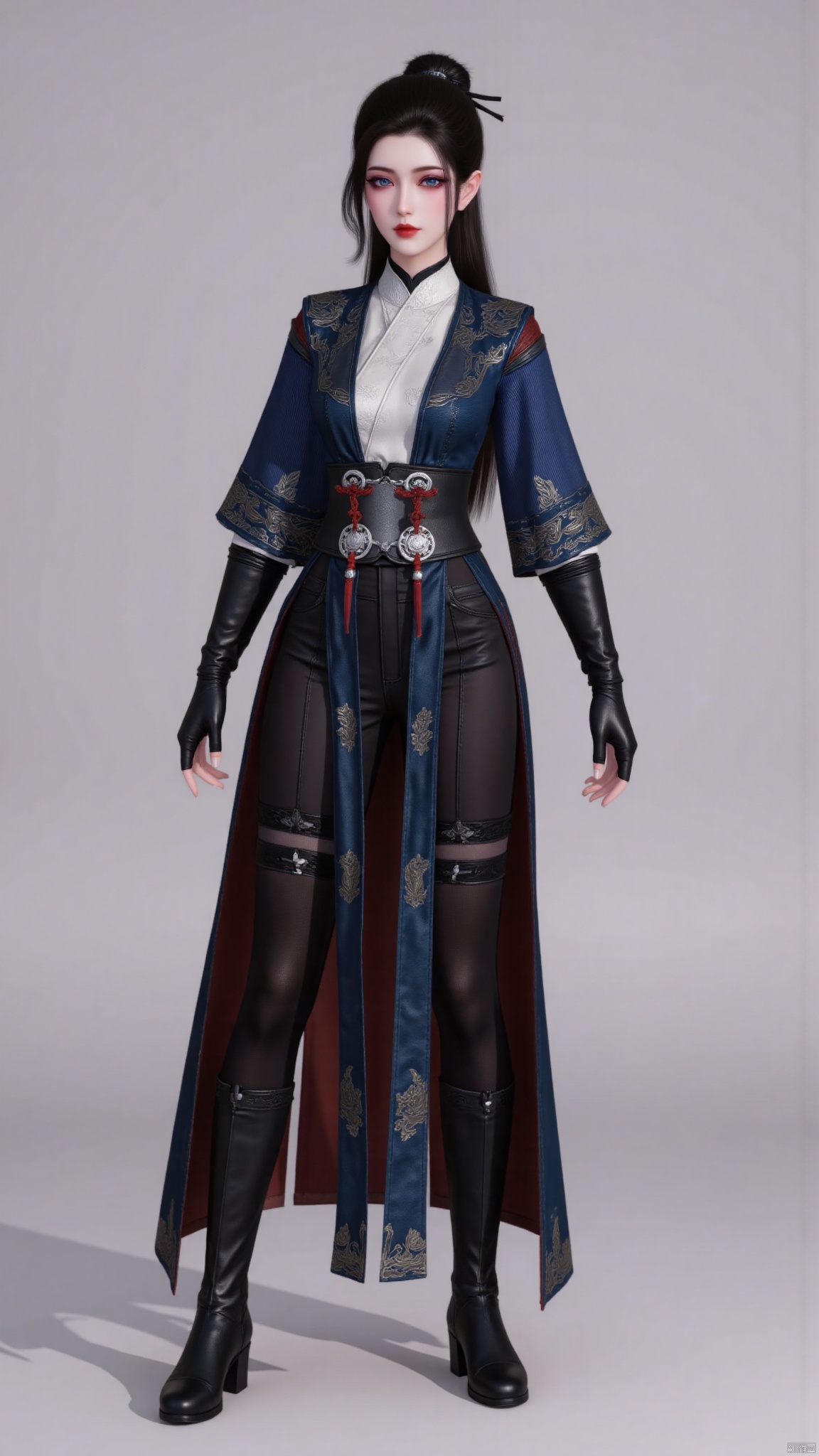 best quality,realistic,breasts,large breasts,huge breasts,huge buttocks,1girl,solo,long hair,black hair,hair ornament,hair bun,ribbon,long sleeves,gloves,black gloves,chinese clothes,dress,black pants,boots,black footwear,red lips,YMJH清永昼,QipaoQ