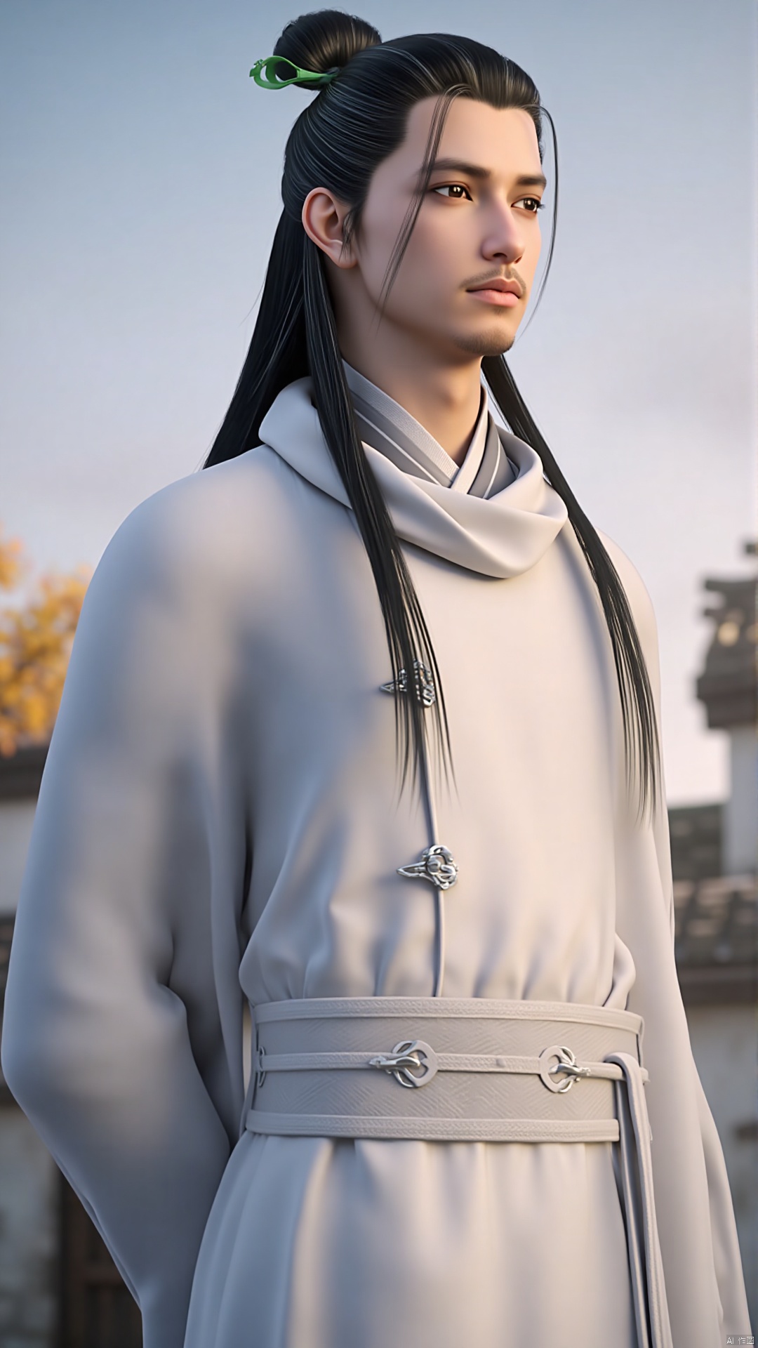 This is a highly detailed CGI rendering of a young man with East Asian features, set against a serene, out-of-focus background that includes a clear sky transitioning from light blue to pale pink at the horizon, and a blurred silhouette of a building with a tiled roof. The man has long, jet-black hair tied into a topknot adorned with a green ribbon, and his hair flows down his back in loose strands. His expression is calm and contemplative, with a slight hint of sadness. He wears a traditional, white, high-collar robe with intricate silver buttons down the front, indicating a formal or ceremonial attire. The robe has a smooth texture and a slight sheen, suggesting a fine fabric like silk. The background features a minimalistic, rustic setting, possibly a historical or traditional Asian location, with the blurred outlines of buildings and a few autumnal leaves, indicating a time of year with cooler temperatures. The overall composition and style of the image are realistic, with a focus on fine details and textures, emphasizing the subject's serene and thoughtful demeanor.