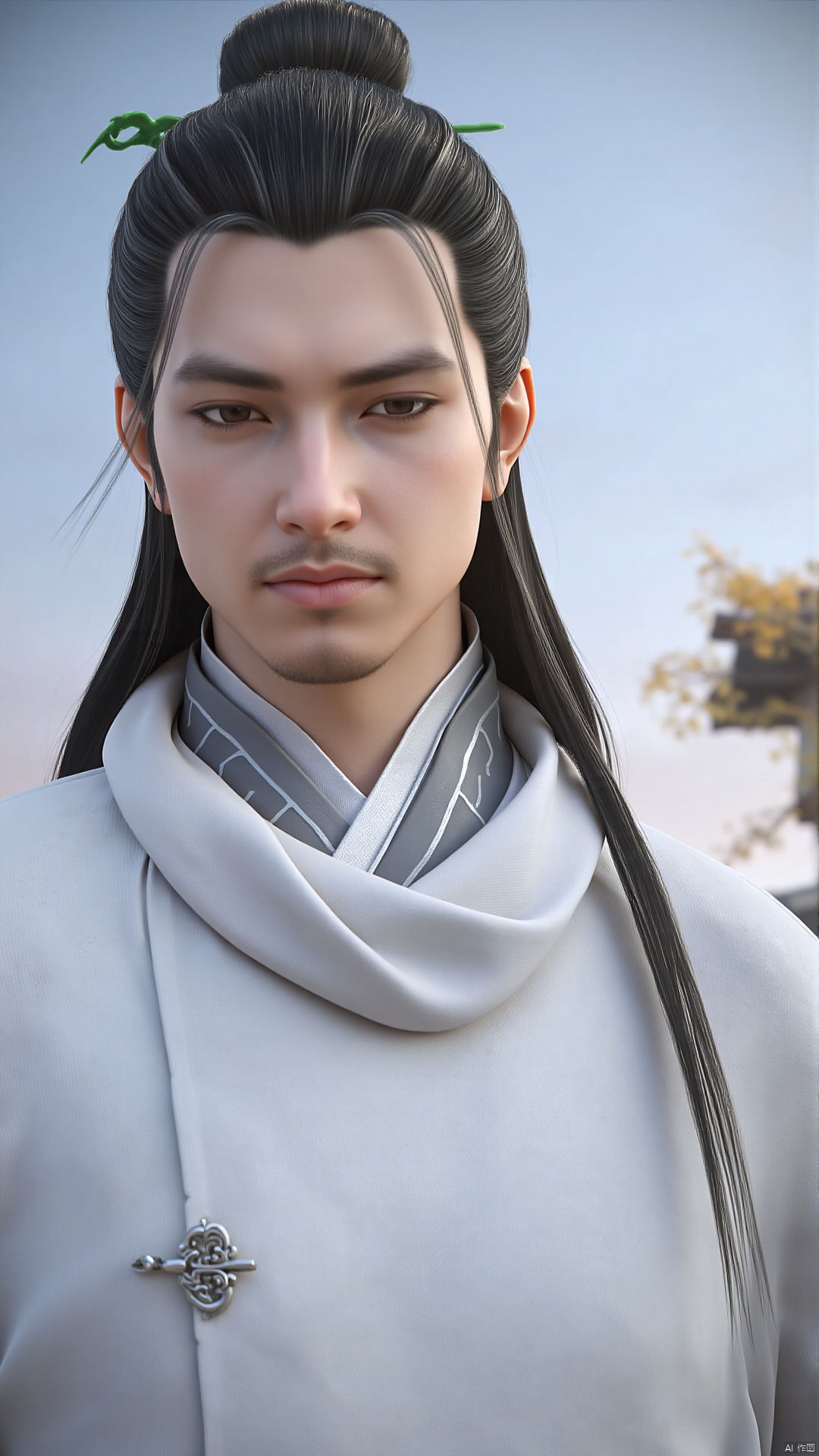 This is a highly detailed CGI rendering of a young man with East Asian features, set against a serene, out-of-focus background that includes a clear sky transitioning from light blue to pale pink at the horizon, and a blurred silhouette of a building with a tiled roof. The man has long, jet-black hair tied into a topknot adorned with a green ribbon, and his hair flows down his back in loose strands. His expression is calm and contemplative, with a slight hint of sadness. He wears a traditional, white, high-collar robe with intricate silver buttons down the front, indicating a formal or ceremonial attire. The robe has a smooth texture and a slight sheen, suggesting a fine fabric like silk. The background features a minimalistic, rustic setting, possibly a historical or traditional Asian location, with the blurred outlines of buildings and a few autumnal leaves, indicating a time of year with cooler temperatures. The overall composition and style of the image are realistic, with a focus on fine details and textures, emphasizing the subject's serene and thoughtful demeanor.